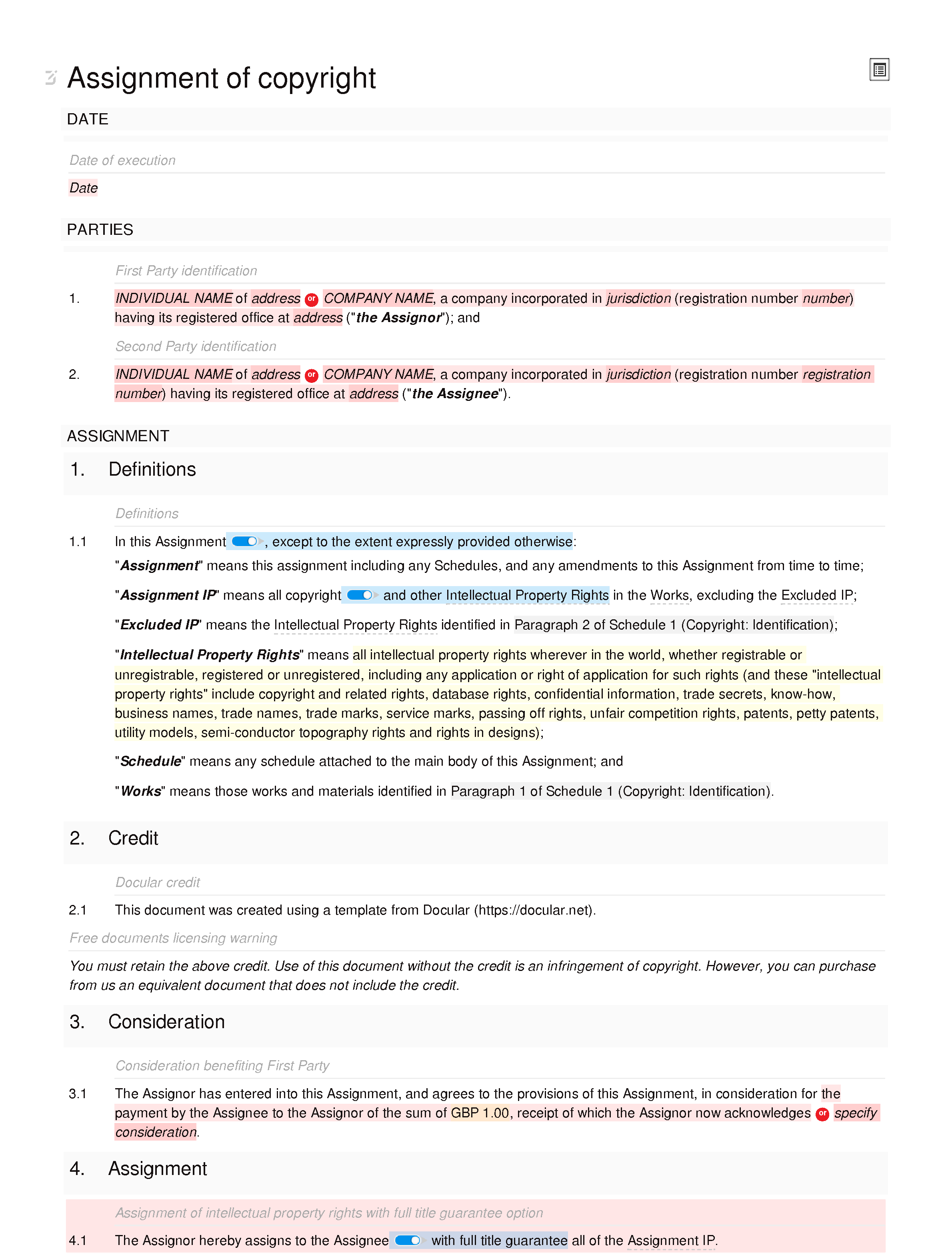 Free assignment of copyright document editor preview