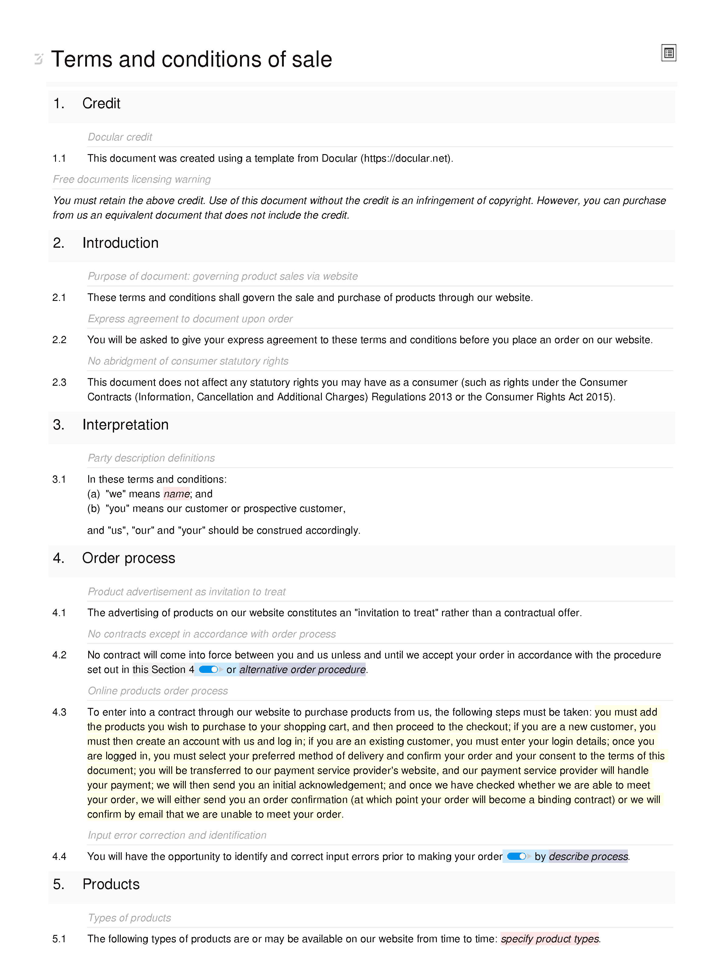 Free terms and conditions of sale via website (B2C) document editor preview