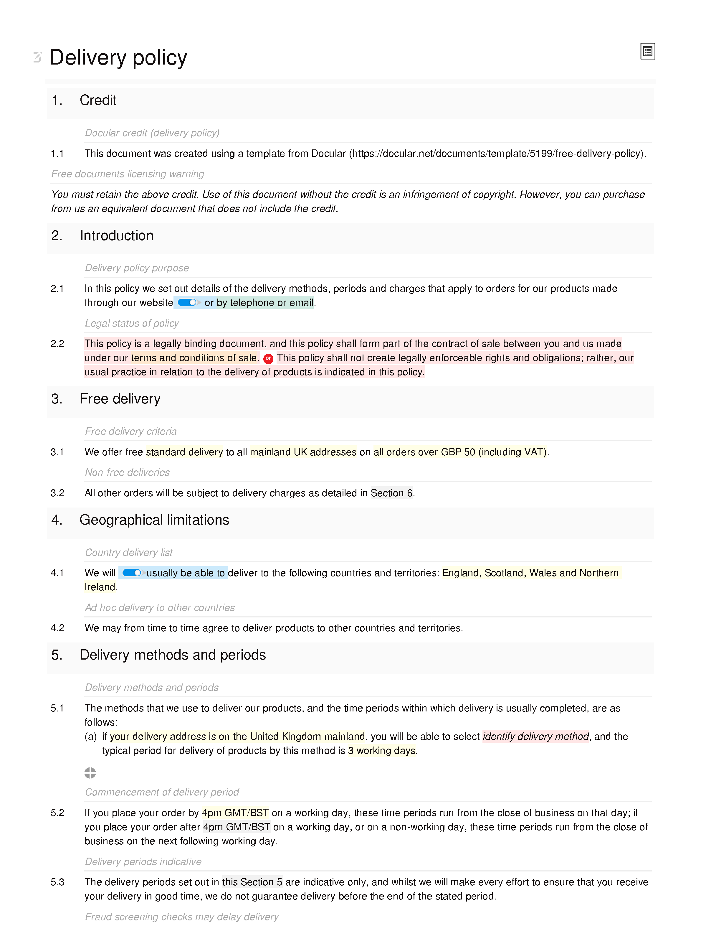 Free delivery policy document editor preview