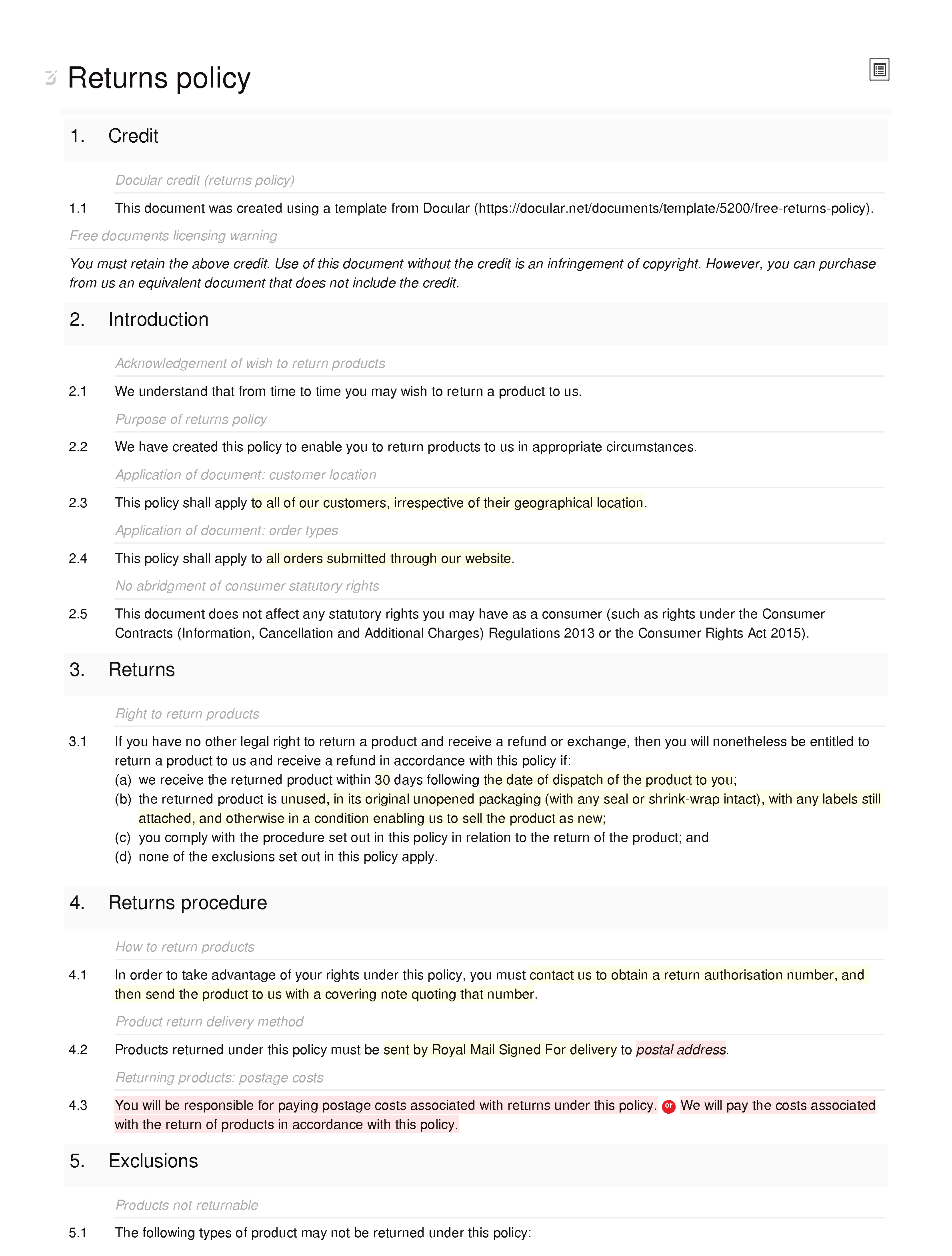 Free returns policy document editor preview
