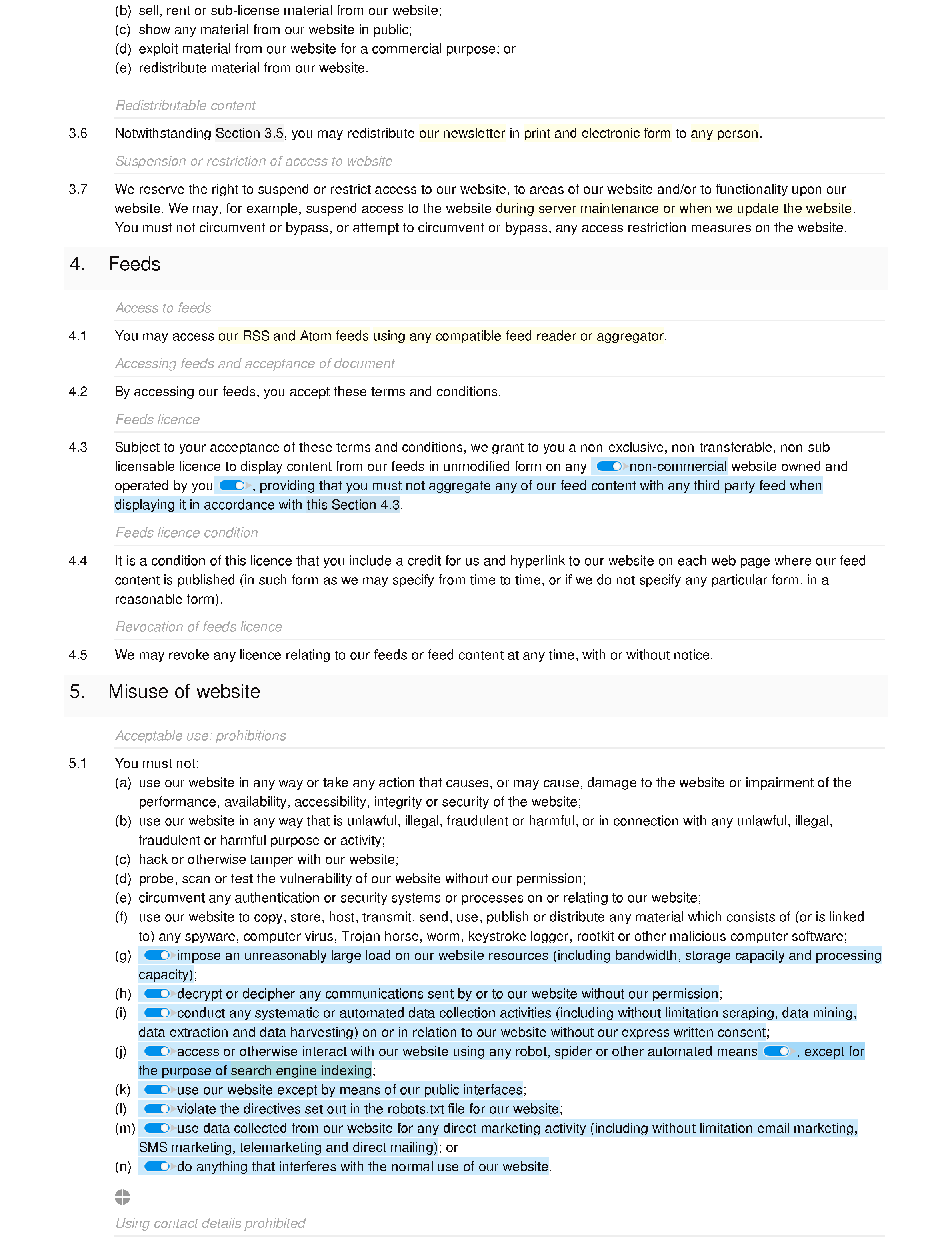 Blog, affiliate and digital store terms and conditions document editor preview