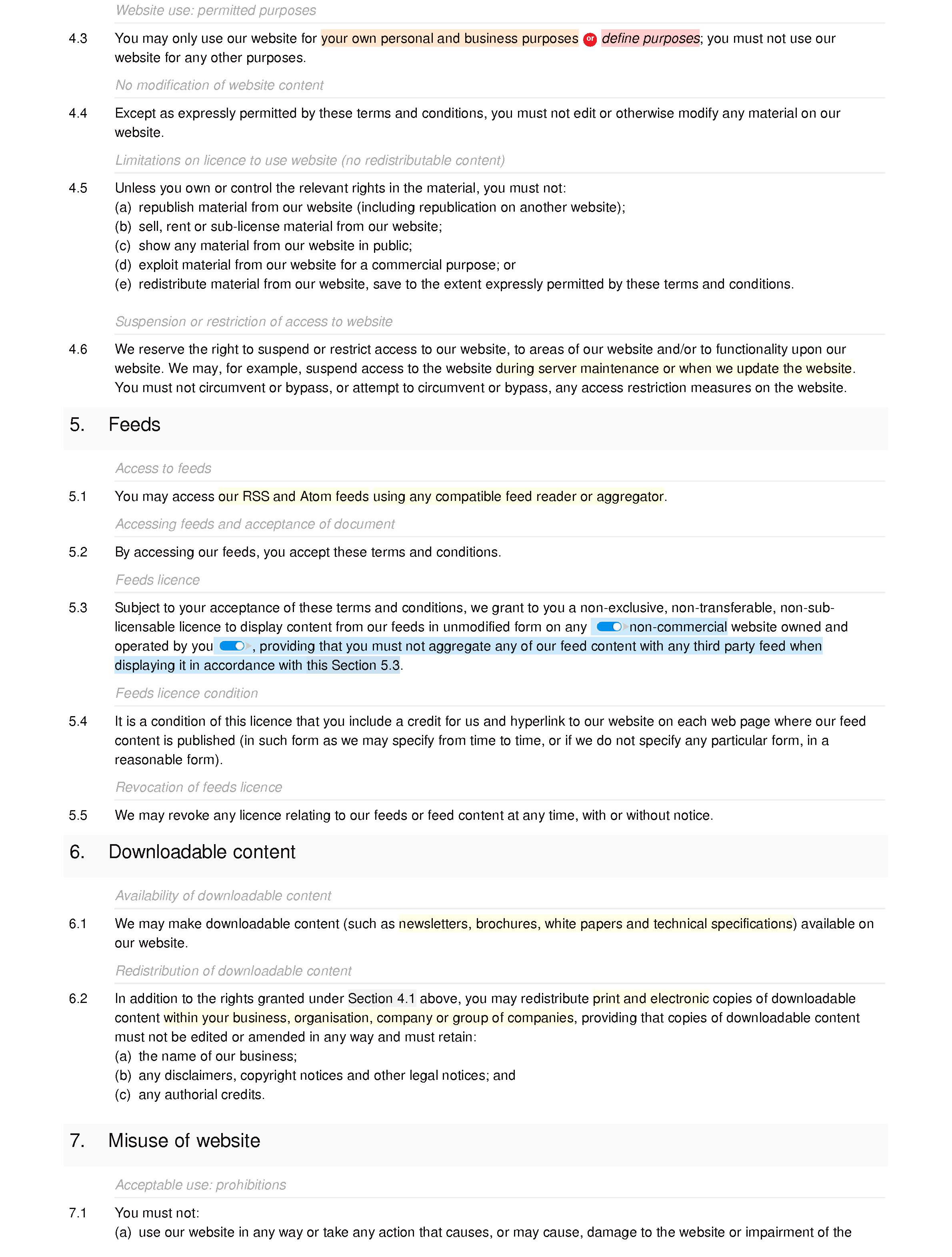 Accountancy website terms and conditions document editor preview