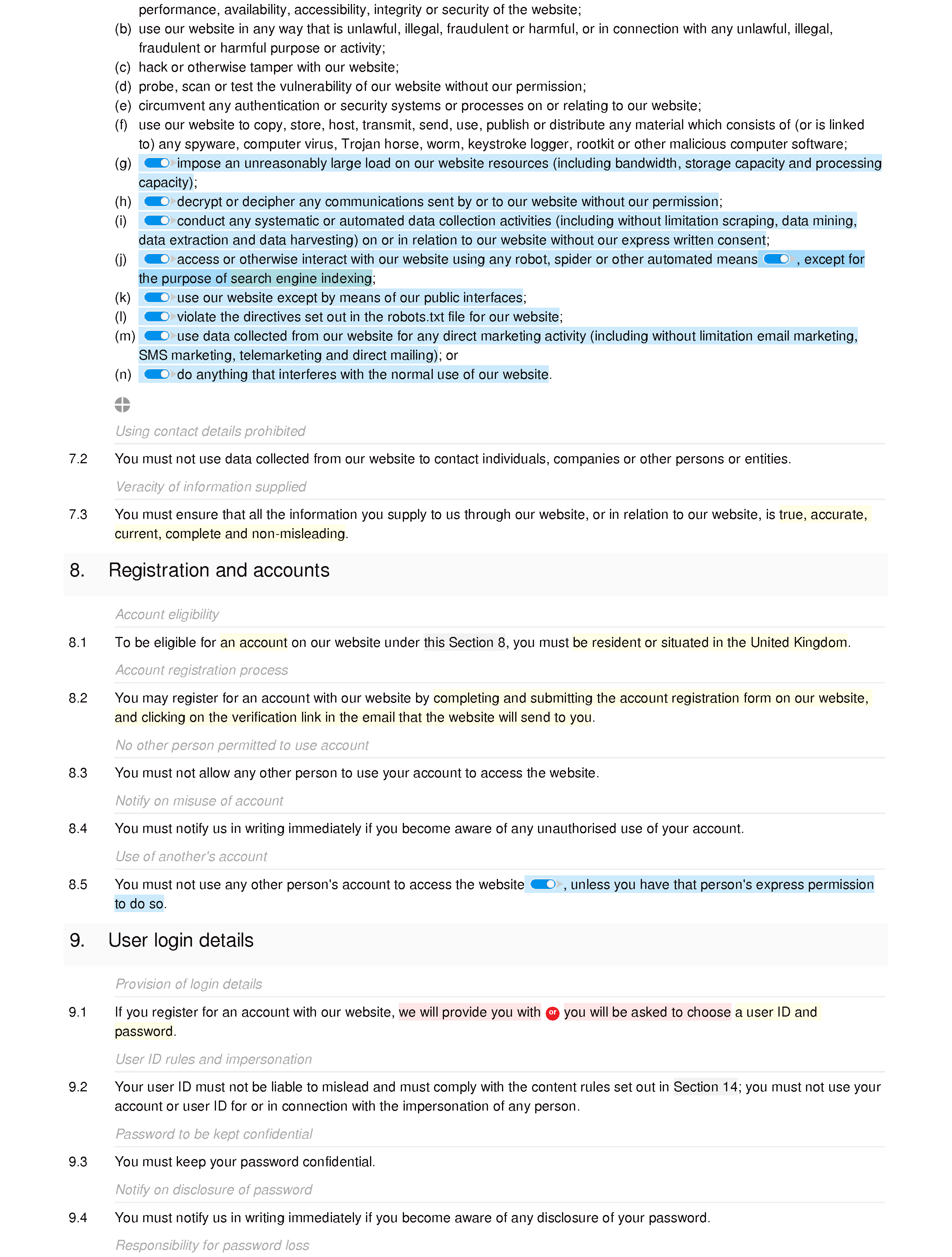 Accountancy website terms and conditions document editor preview