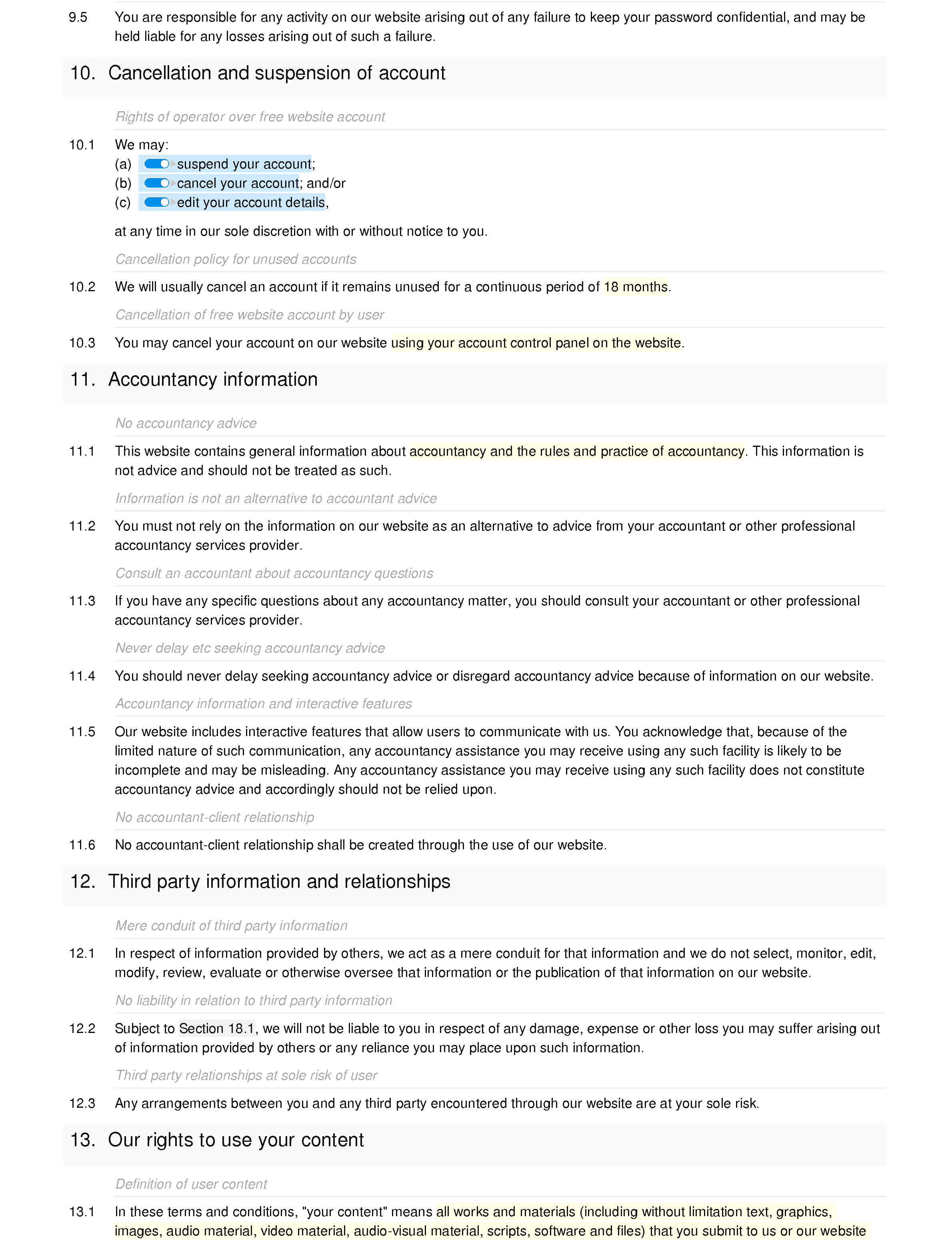 Accountancy website terms and conditions document editor preview