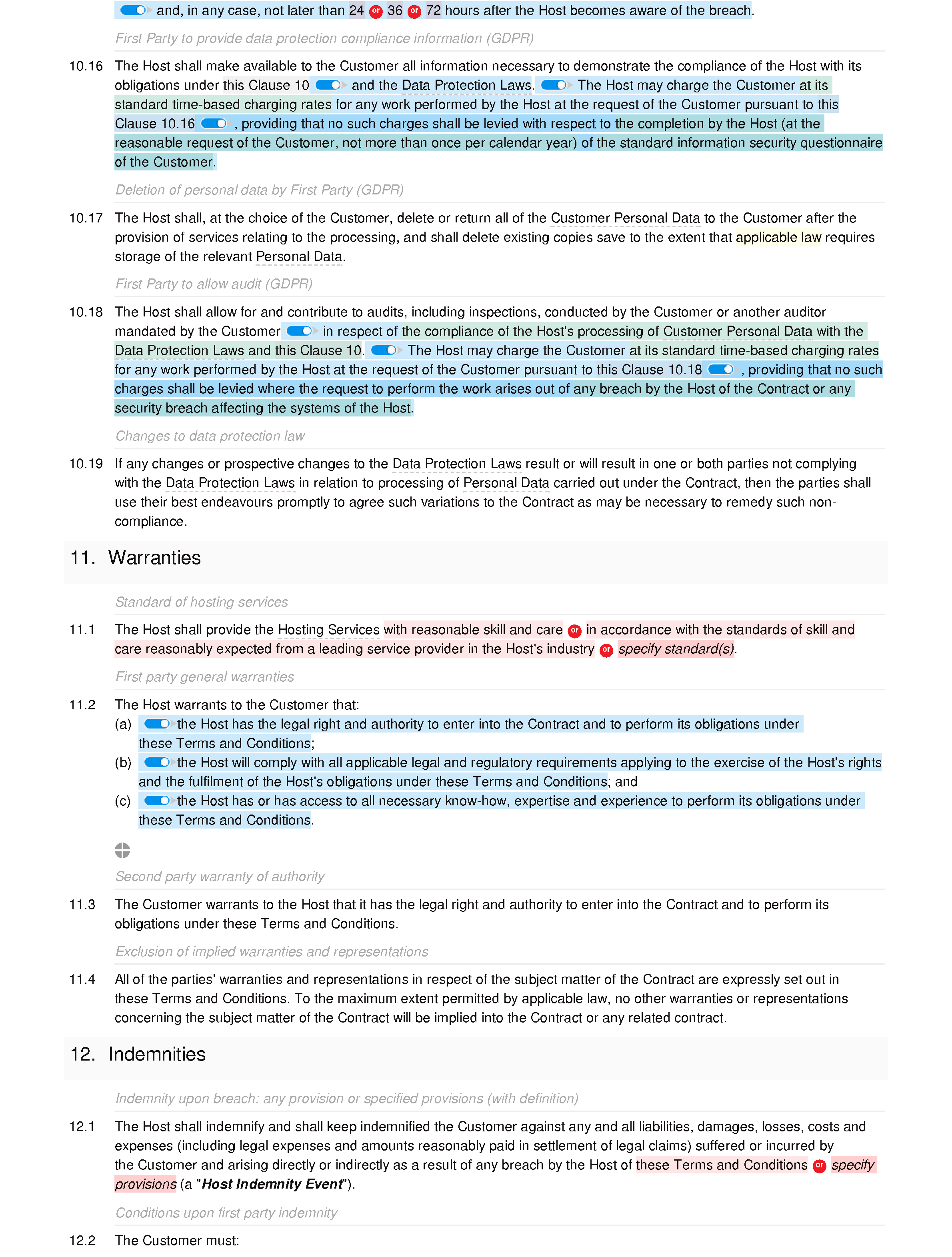 Hosting services terms and conditions document editor preview