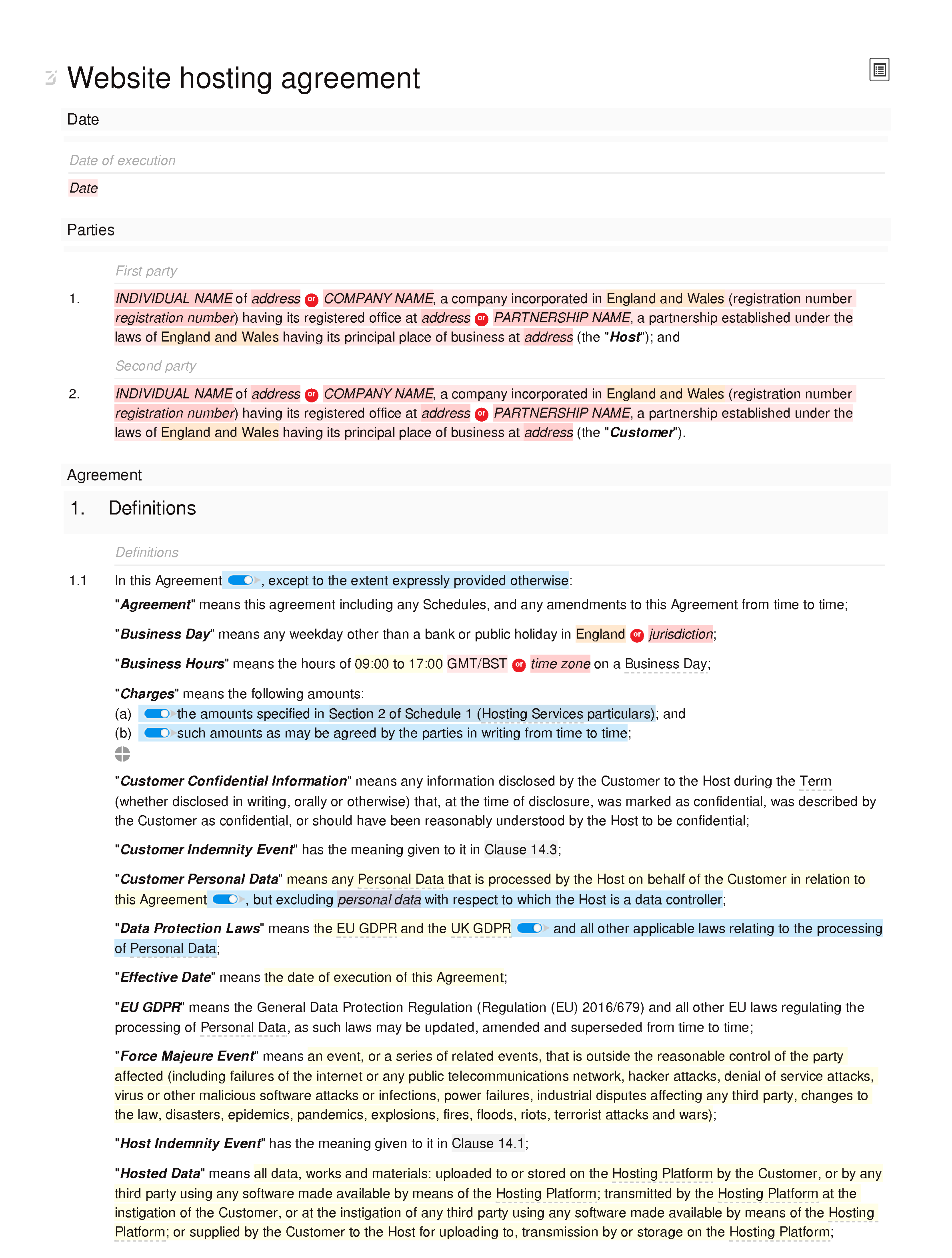 Website hosting agreement document editor preview