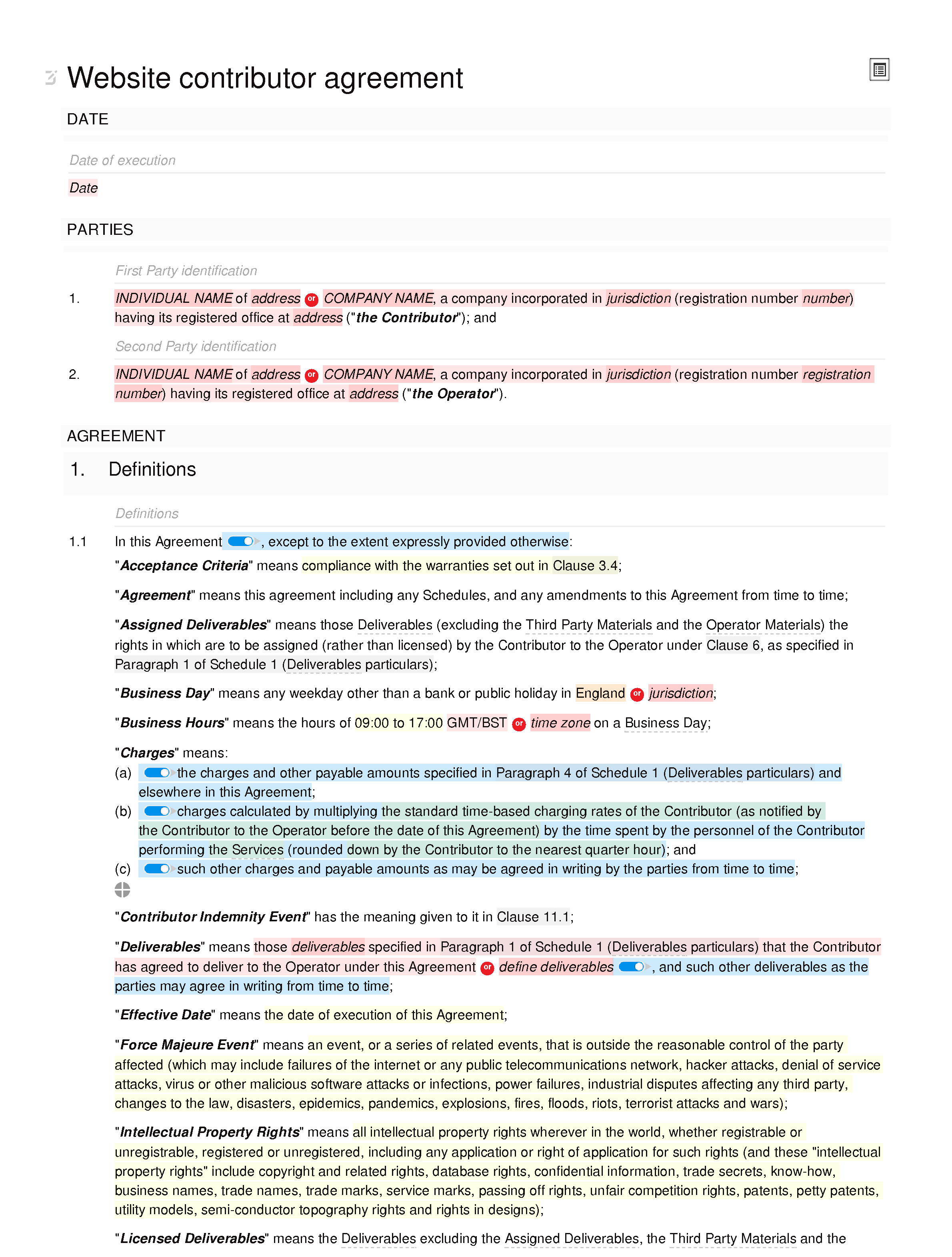 Website contributor agreement (paid) document editor preview