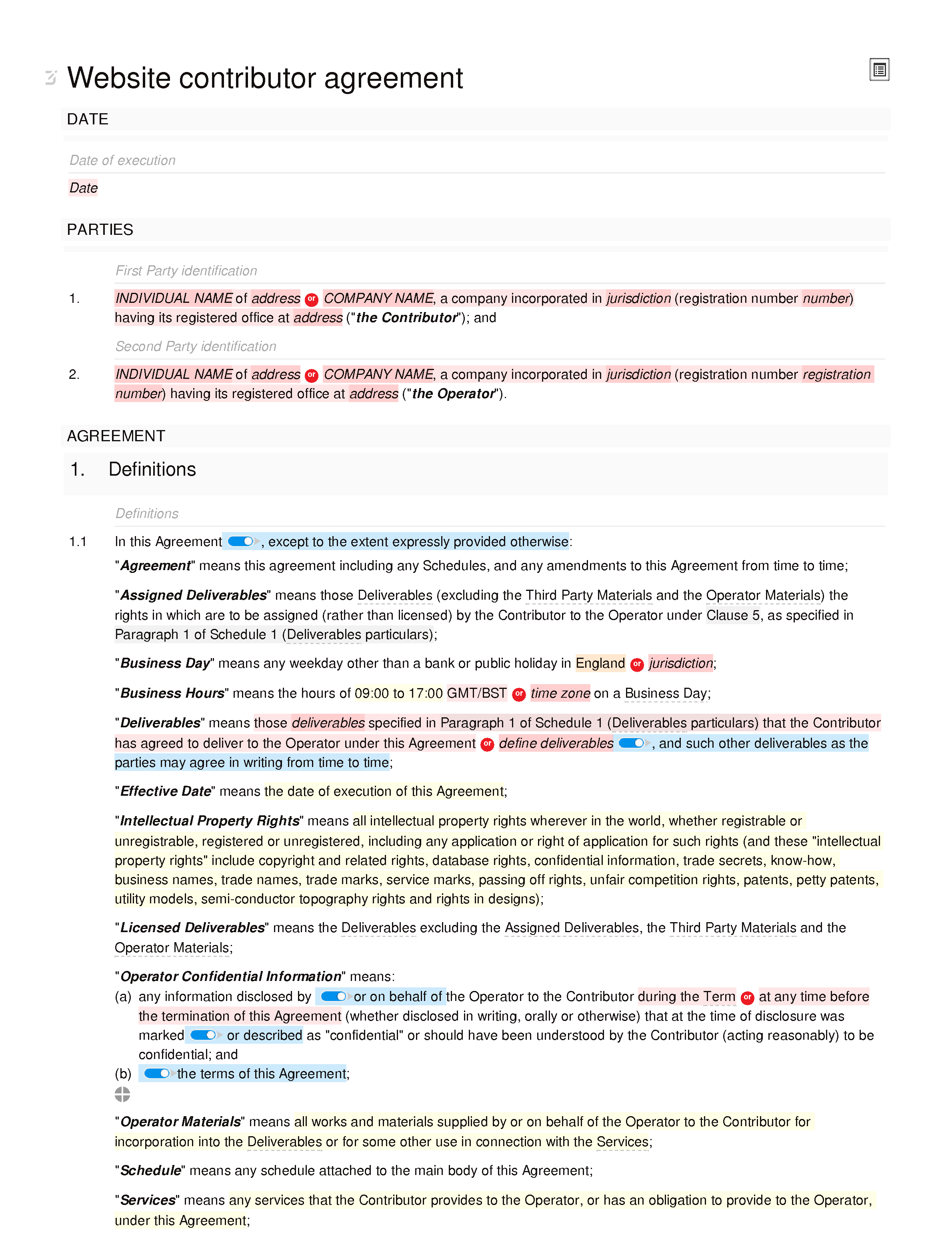 Website contributor agreement (unpaid) document editor preview