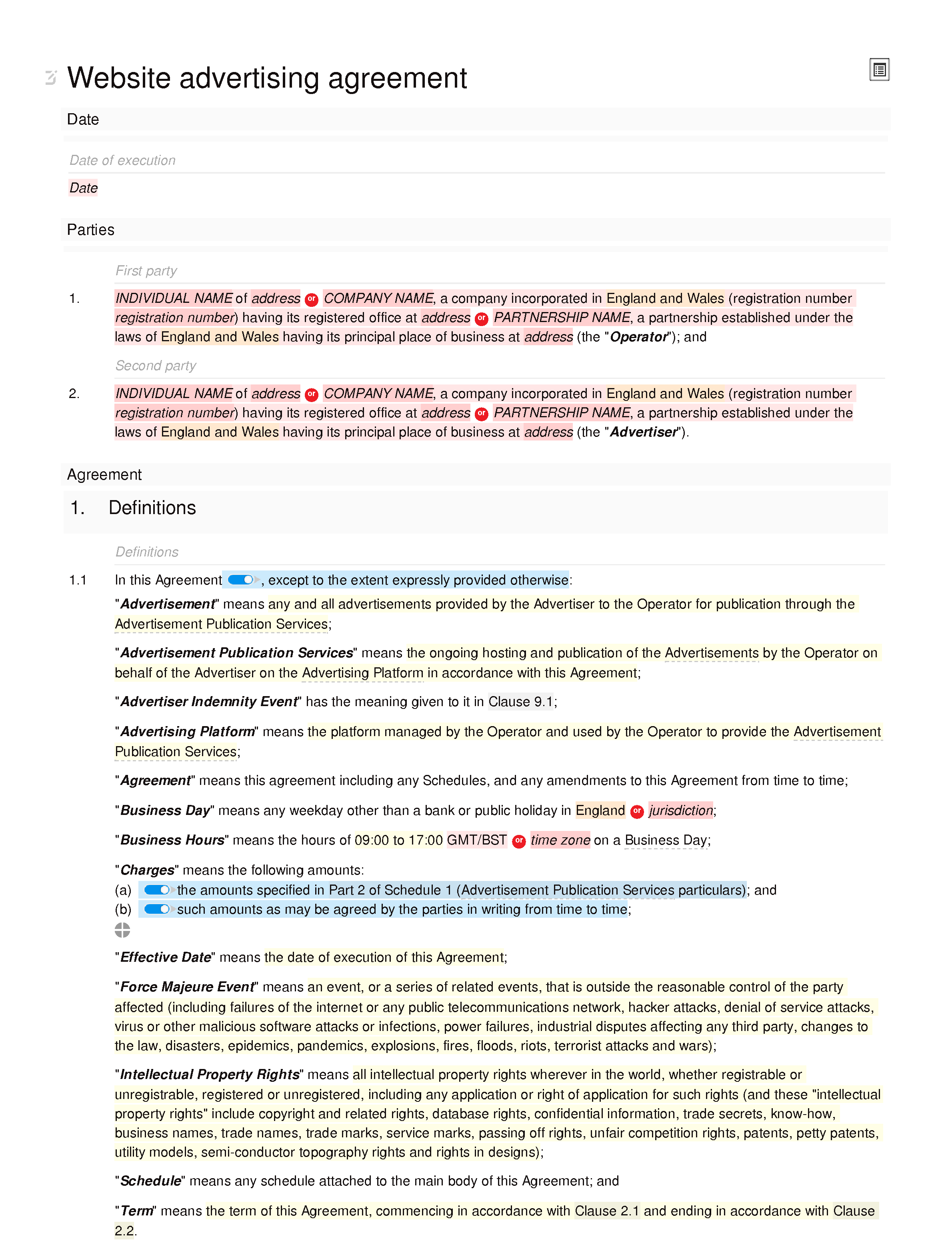 Website advertising agreement document editor preview