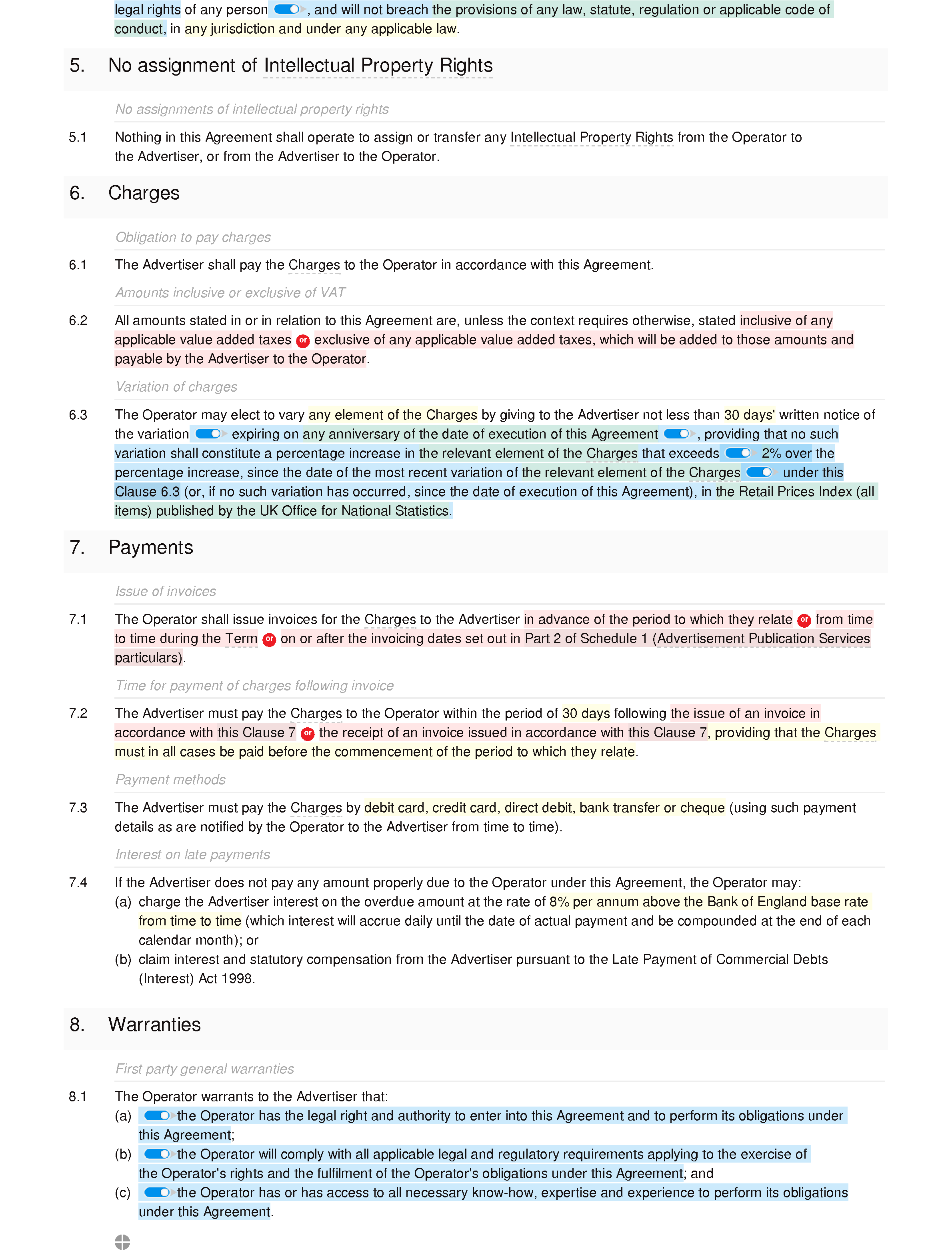 Website advertising agreement document editor preview