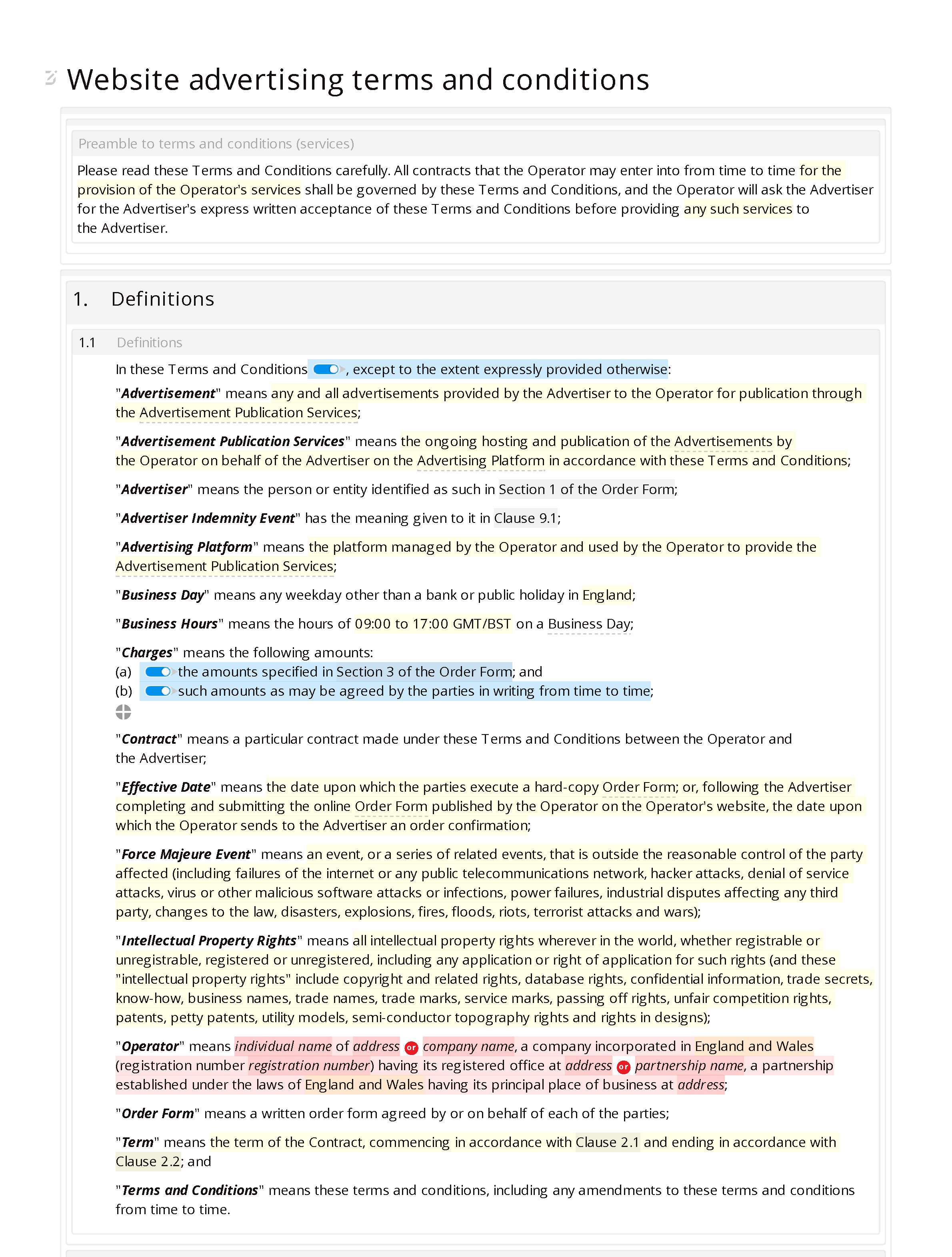 Website advertising terms and conditions document editor preview
