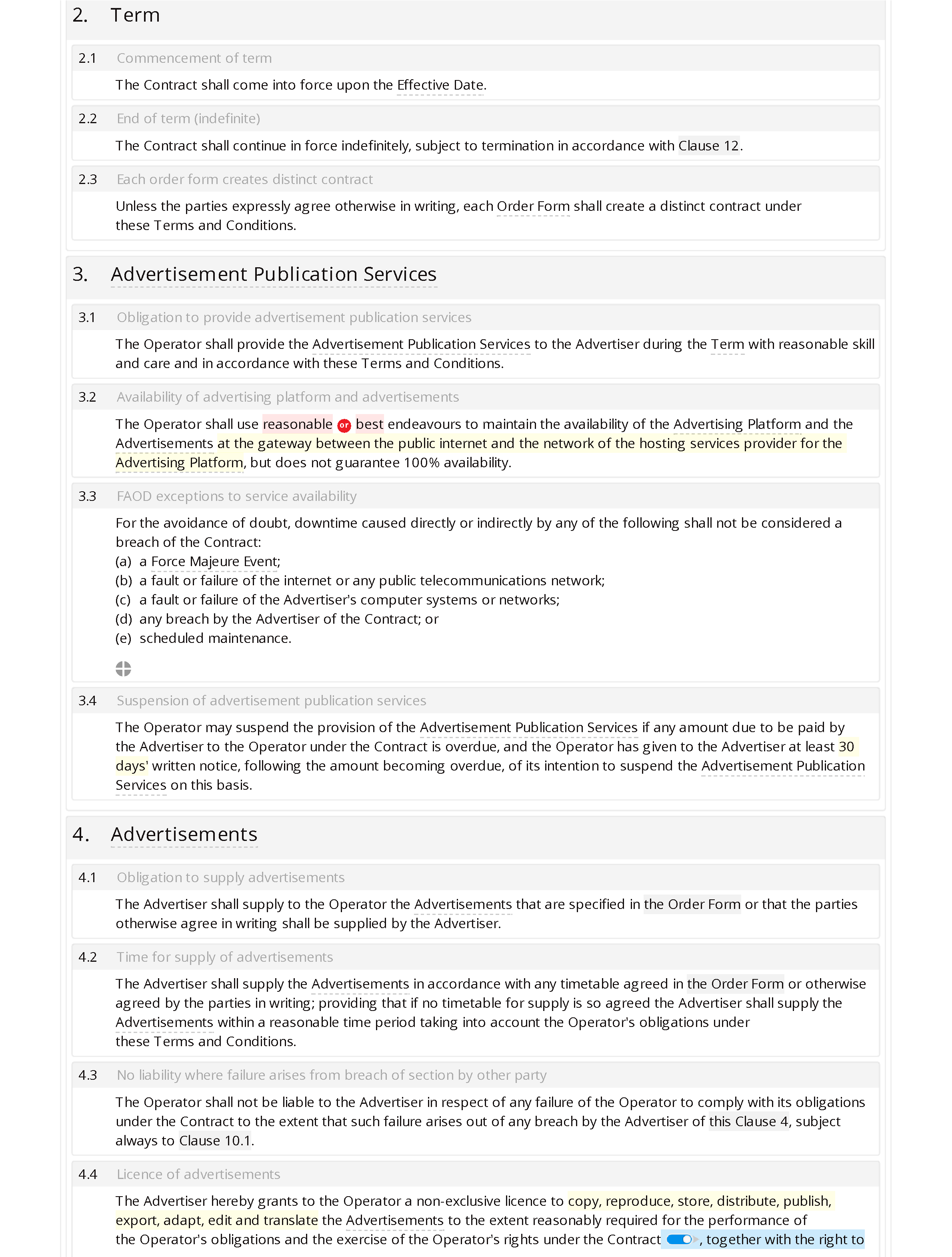 Website advertising terms and conditions document editor preview
