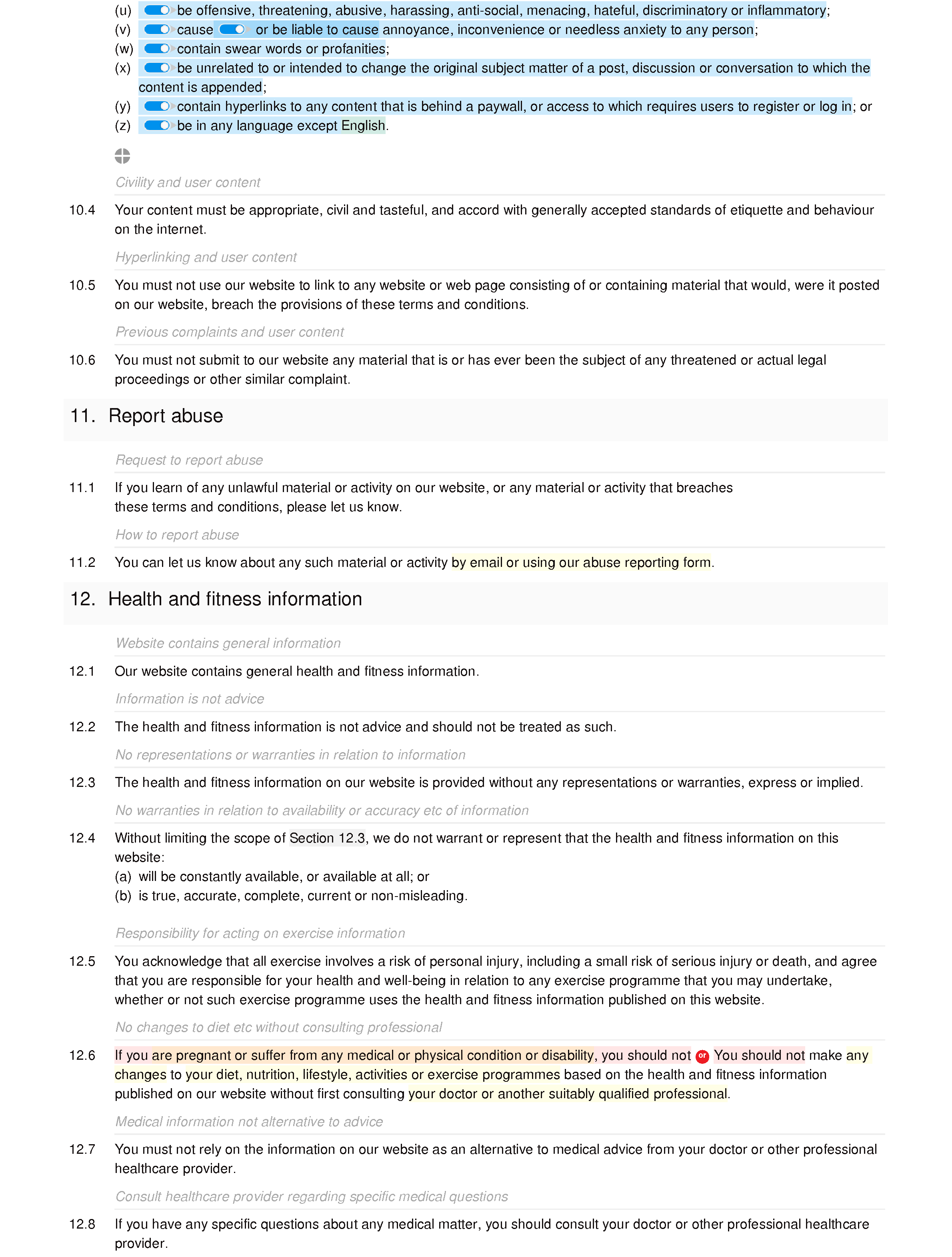 Health and fitness website terms and conditions document editor preview