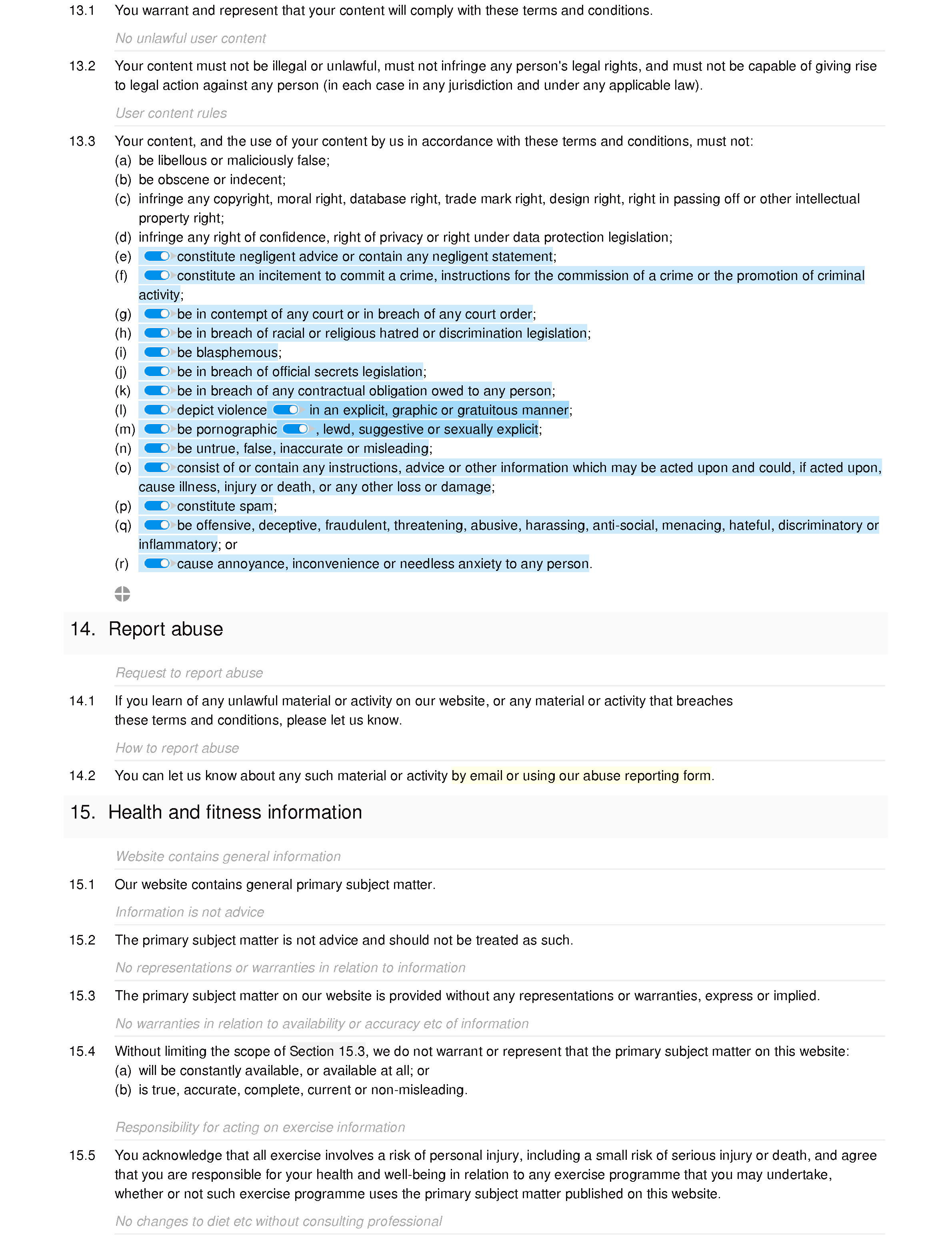 Health and fitness subscription website terms and conditions document editor preview
