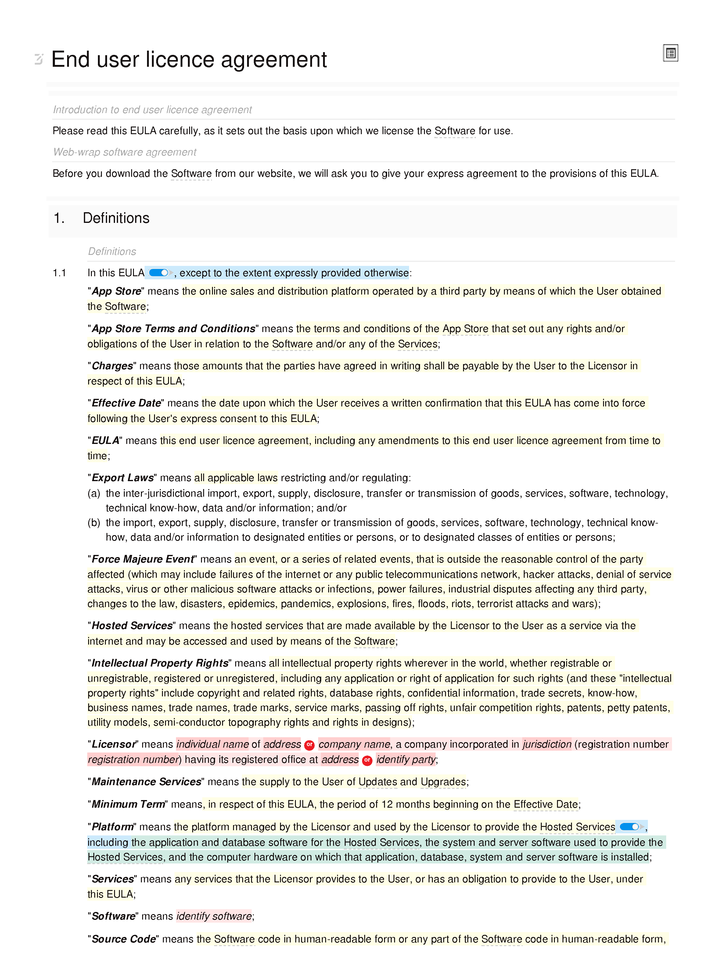 App EULA document editor preview