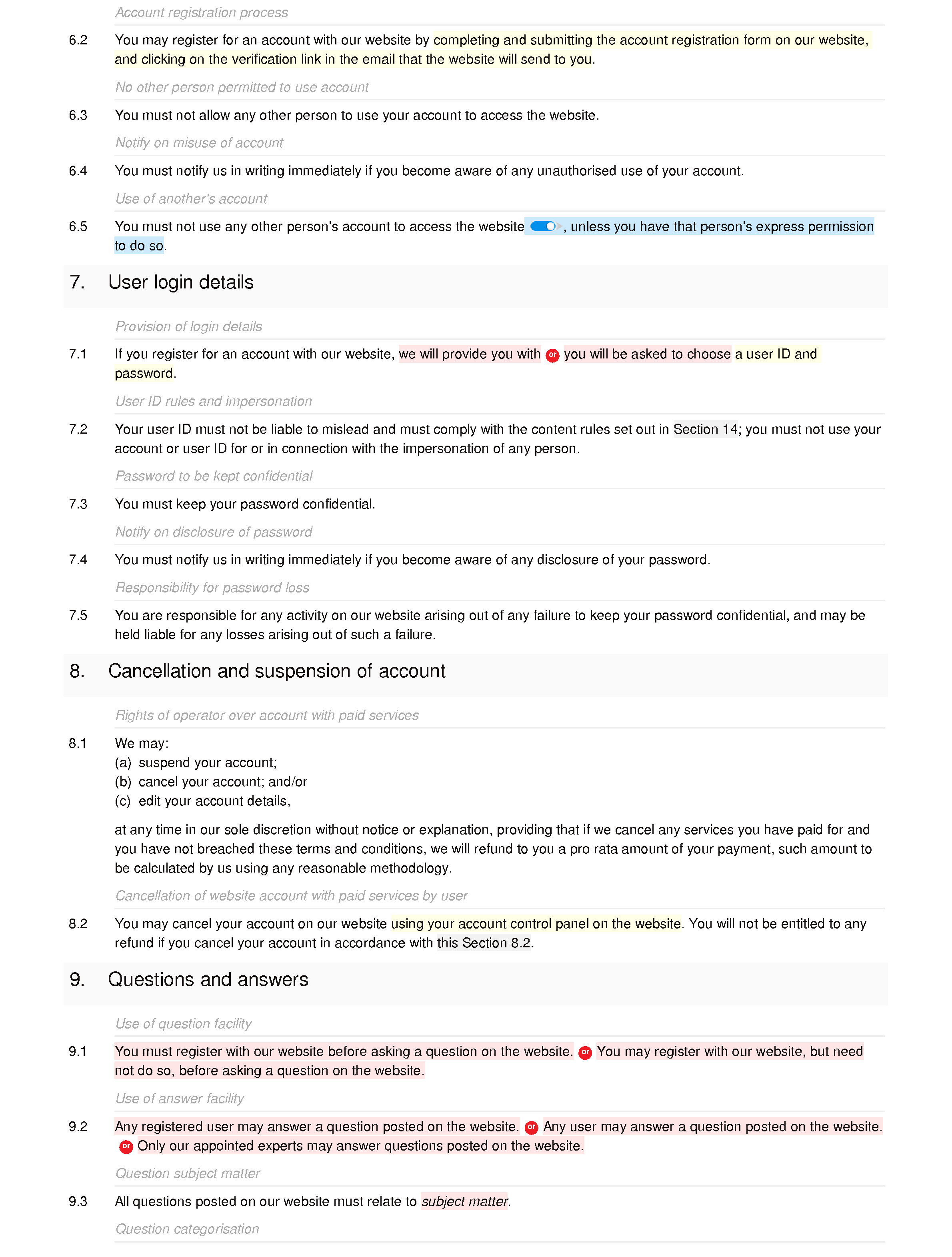 PAYG Q&A website terms and conditions document editor preview