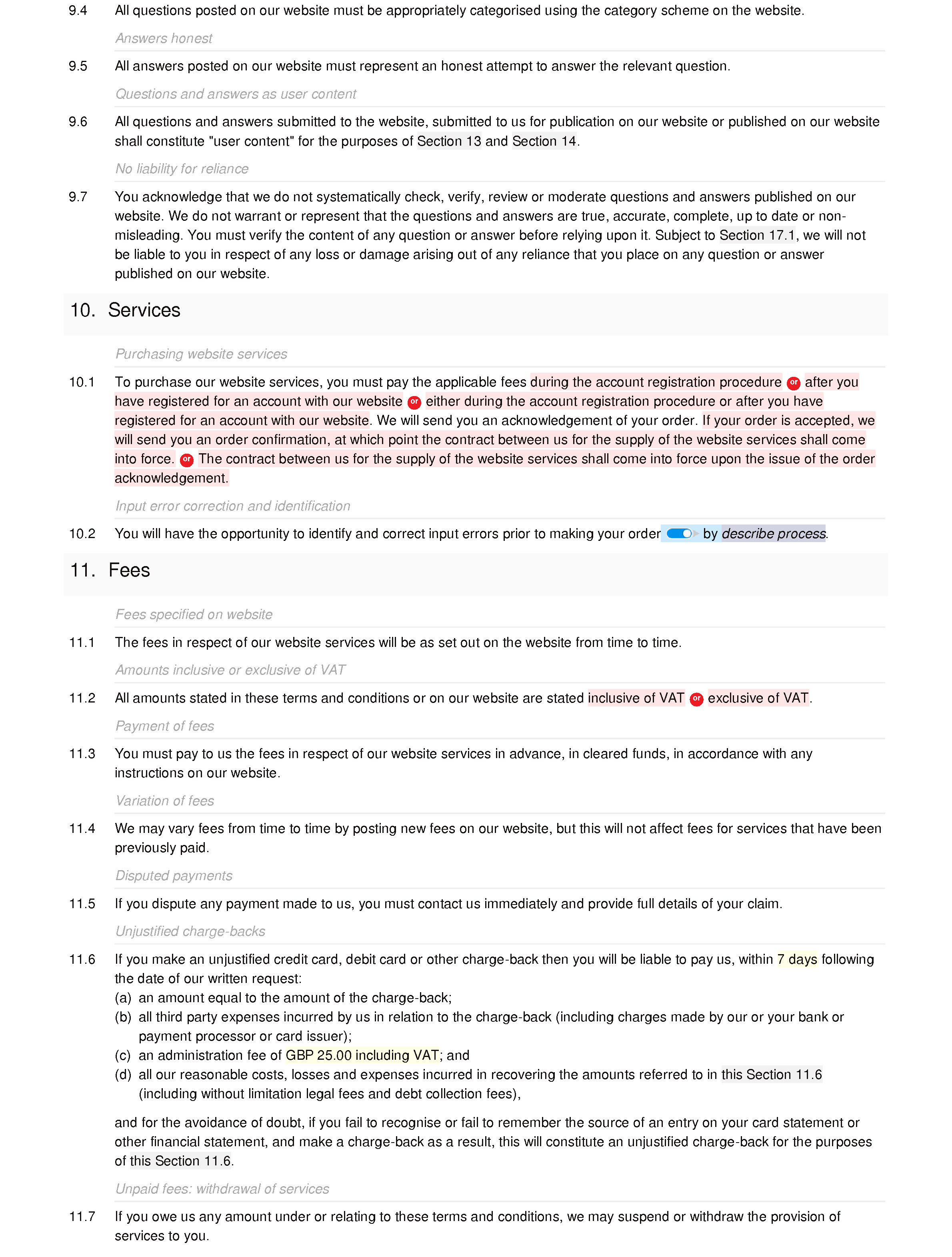 PAYG Q&A website terms and conditions document editor preview