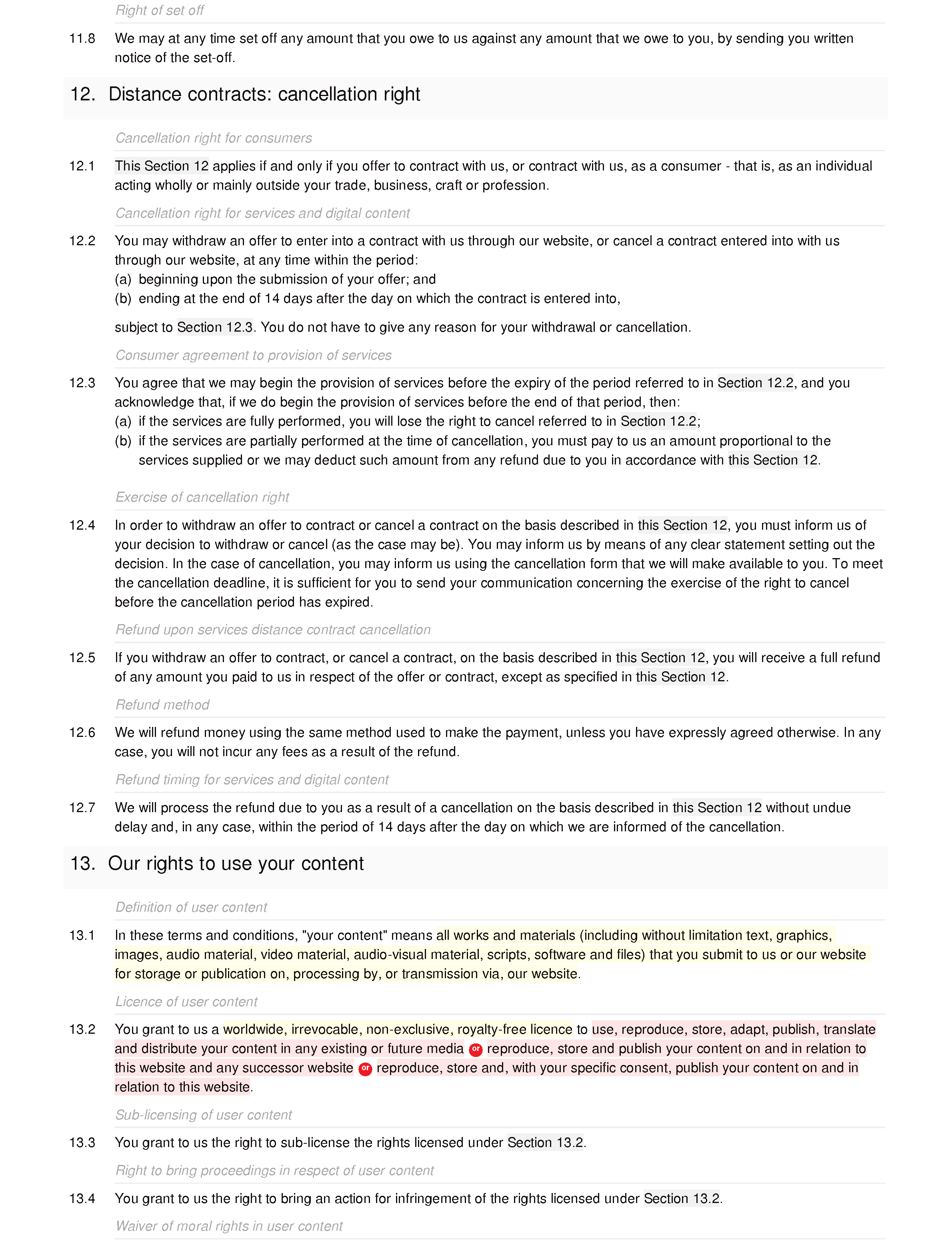 PAYG Q&A website terms and conditions document editor preview