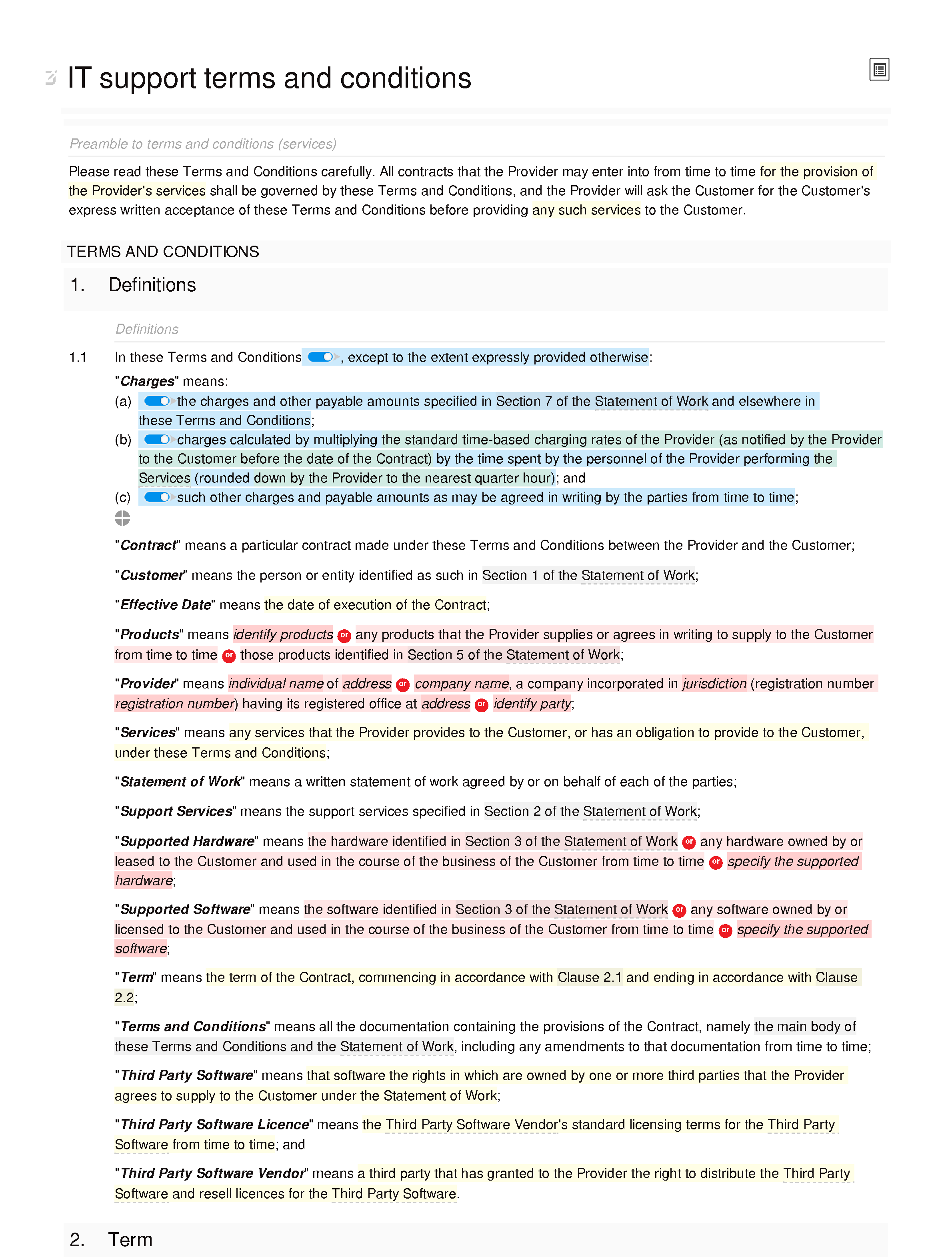 IT support terms and conditions (B2C) document editor preview