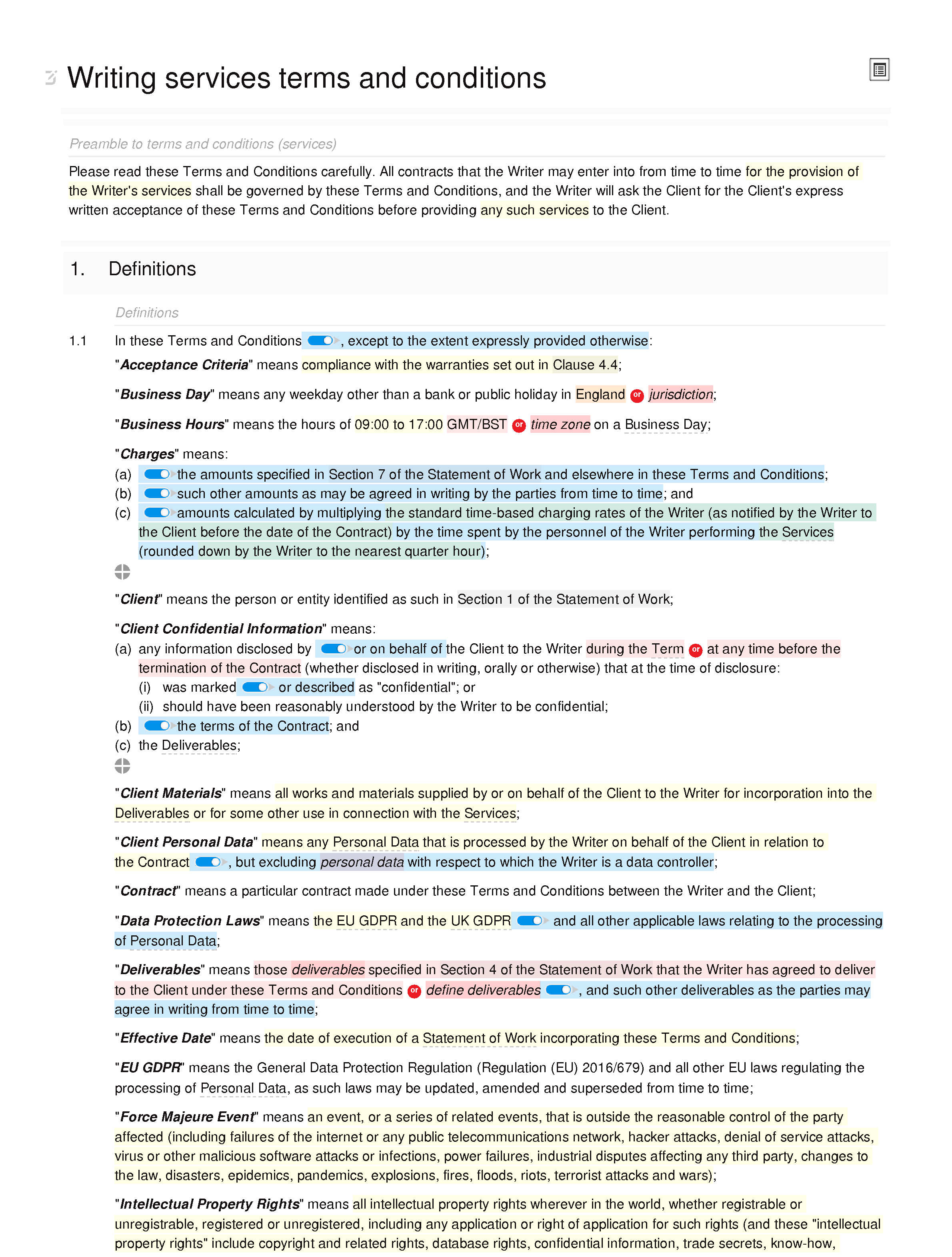 Writing services terms and conditions document editor preview