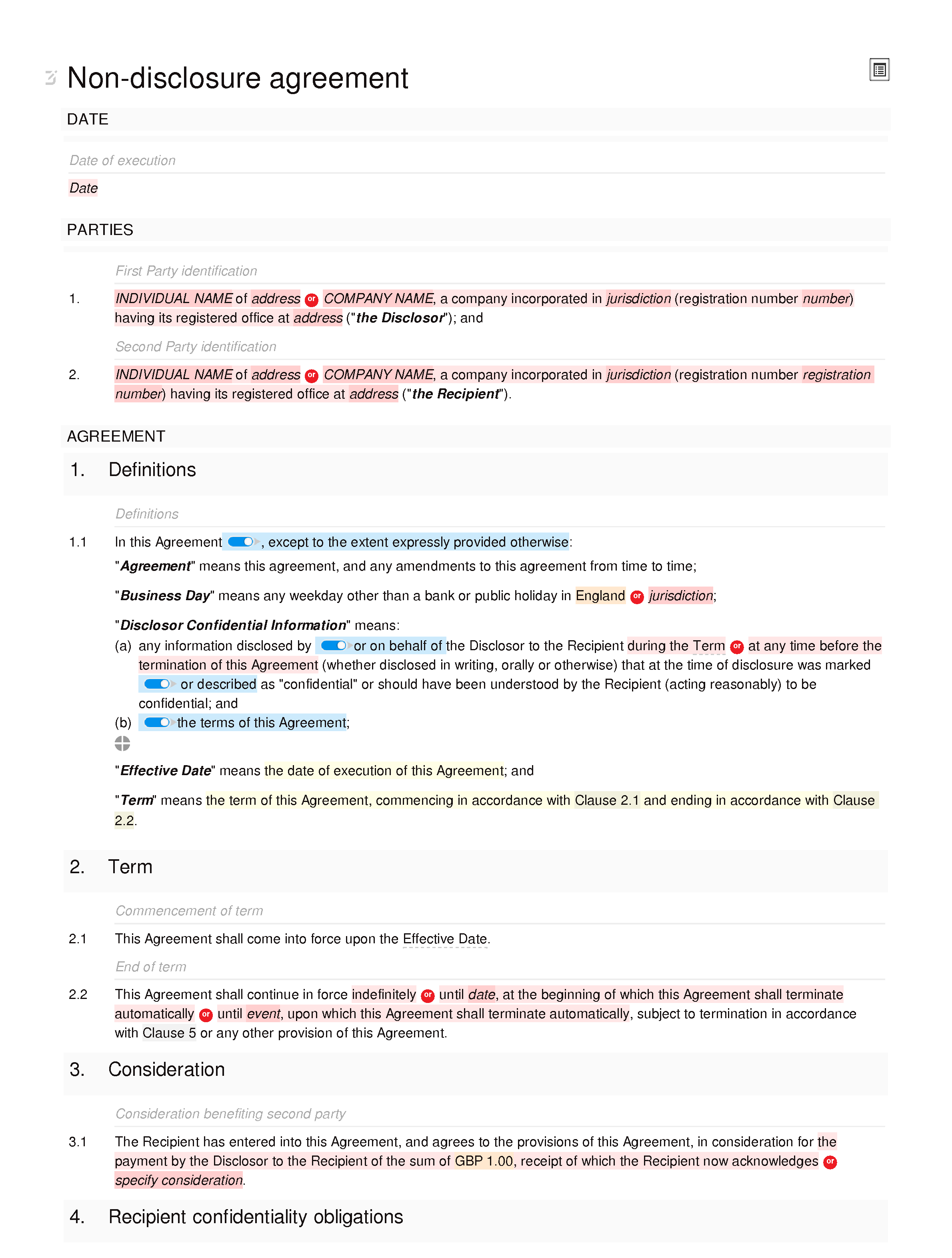 Non-disclosure agreement (unilateral, standard) document editor preview