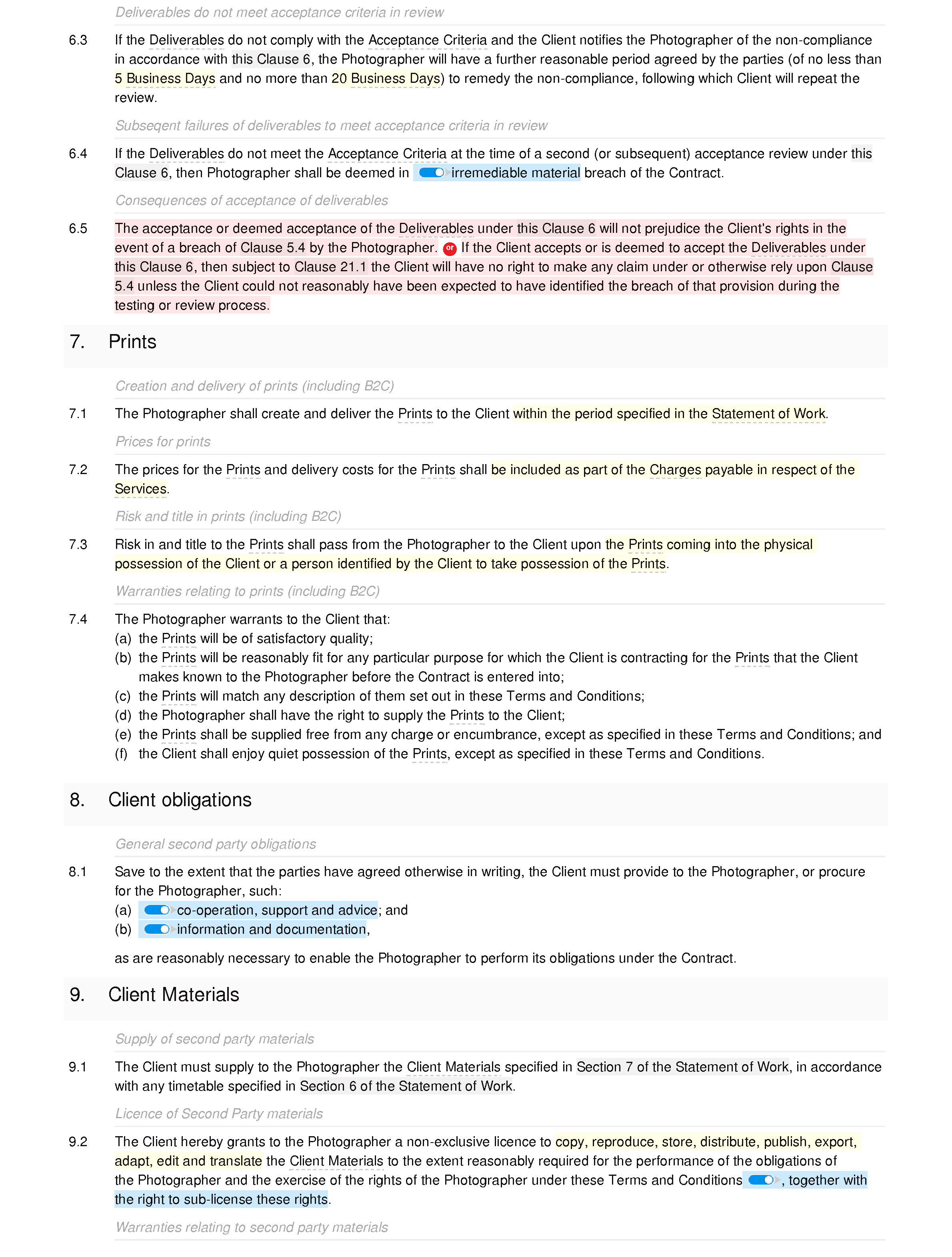 Photography terms and conditions document editor preview