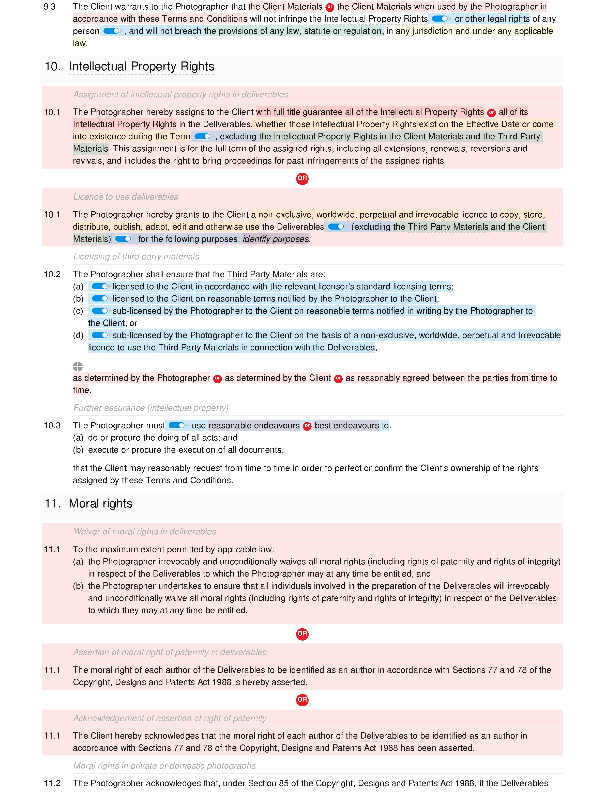 Photography terms and conditions document editor preview