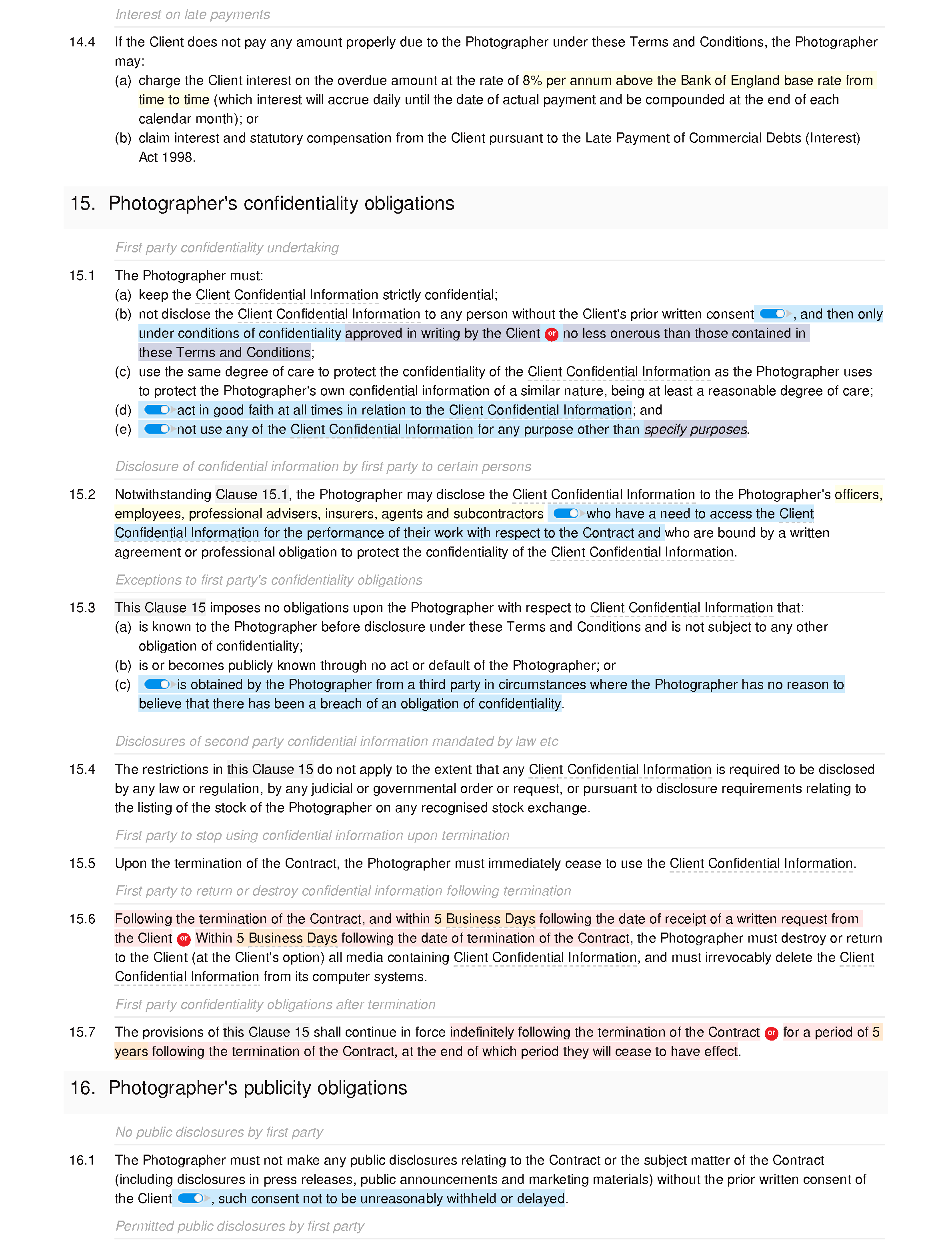 Photography terms and conditions document editor preview