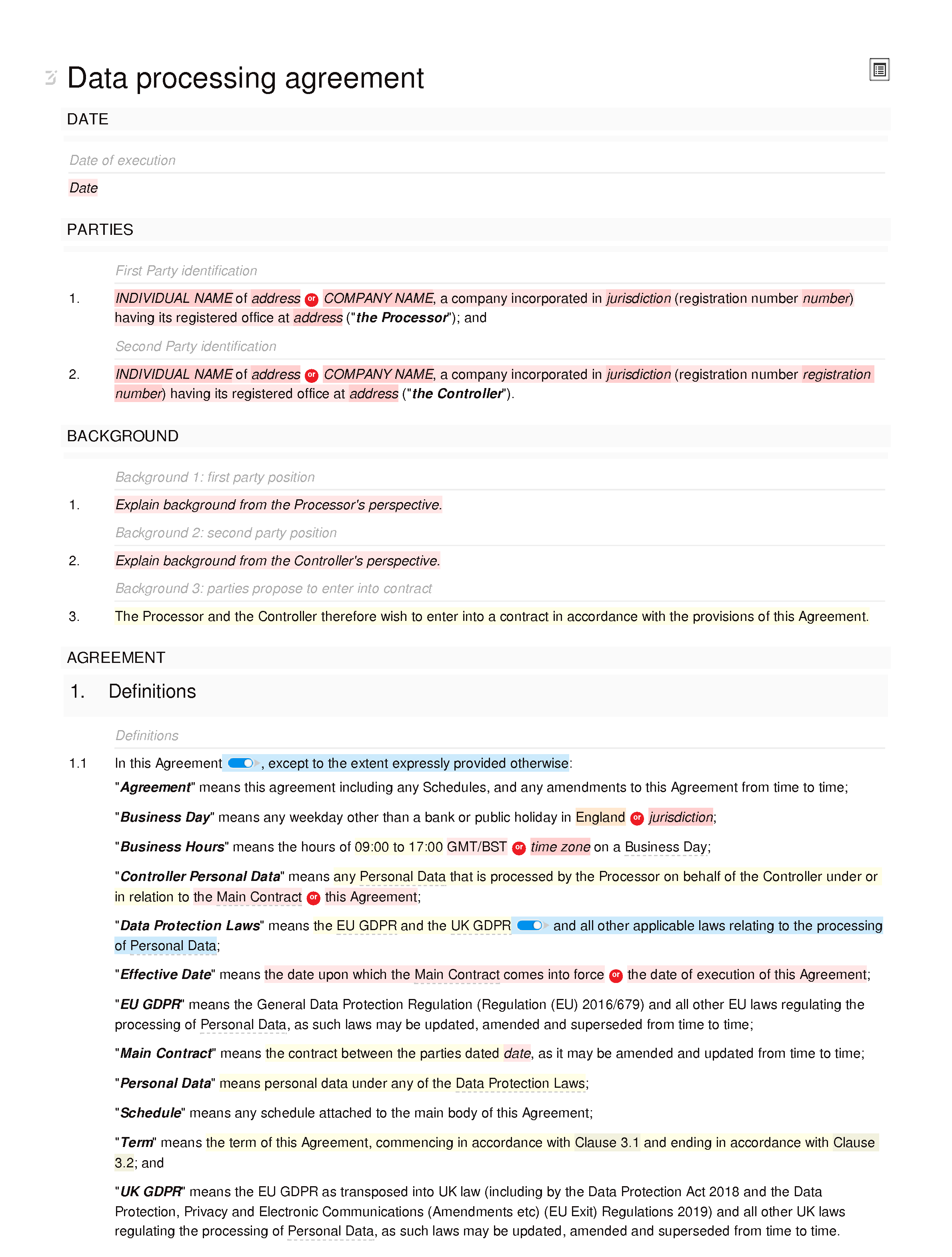 Data processing agreement (controller-processor) document editor preview