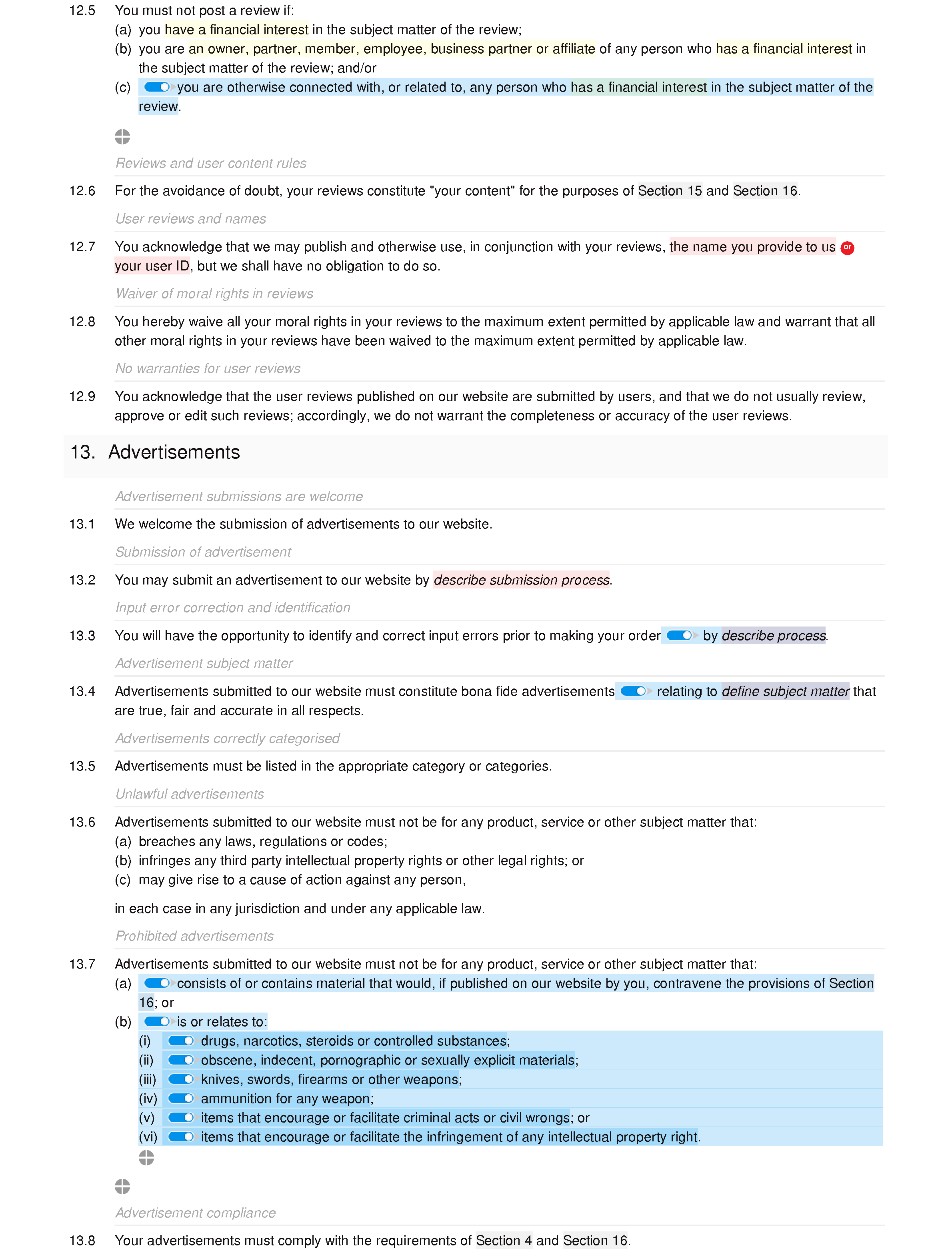 Review, affiliate and advertising website terms and conditions document editor preview