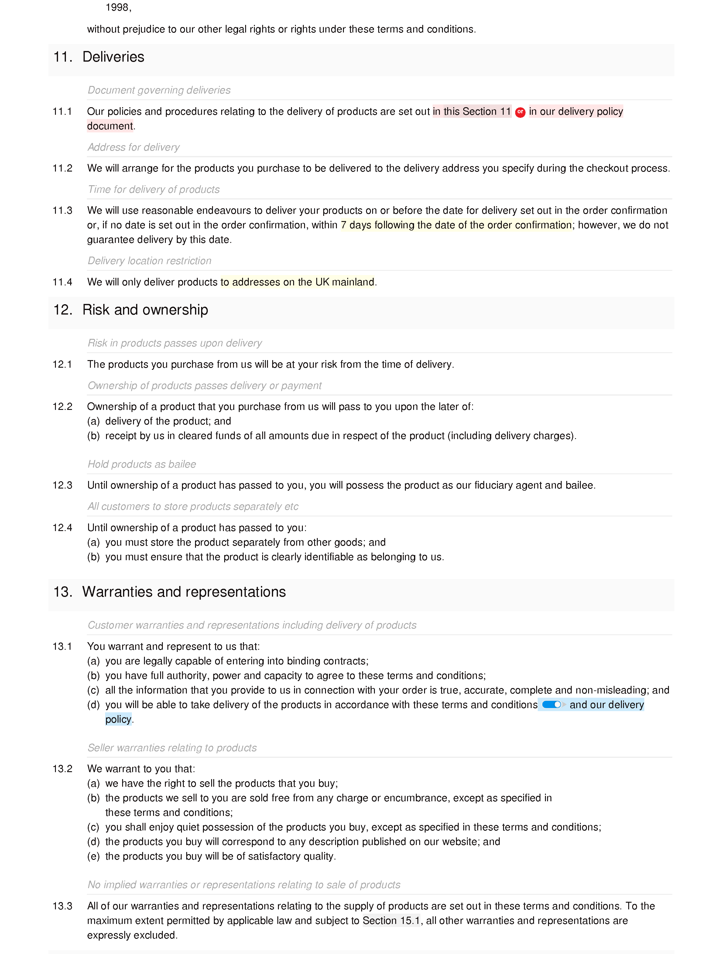 Terms and conditions of sale via website (B2B, customisations) document editor preview