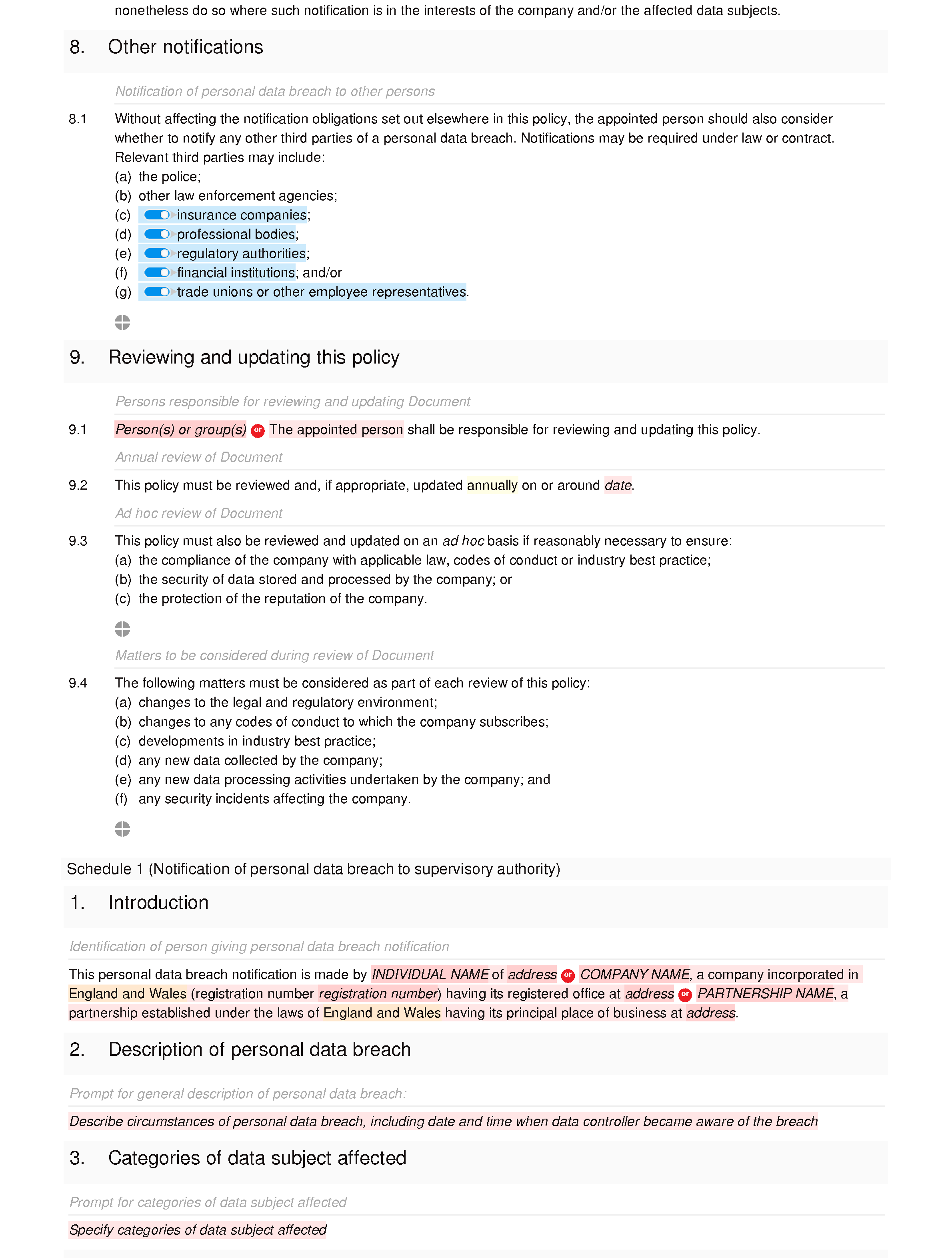 Personal data breach notification policy document editor preview