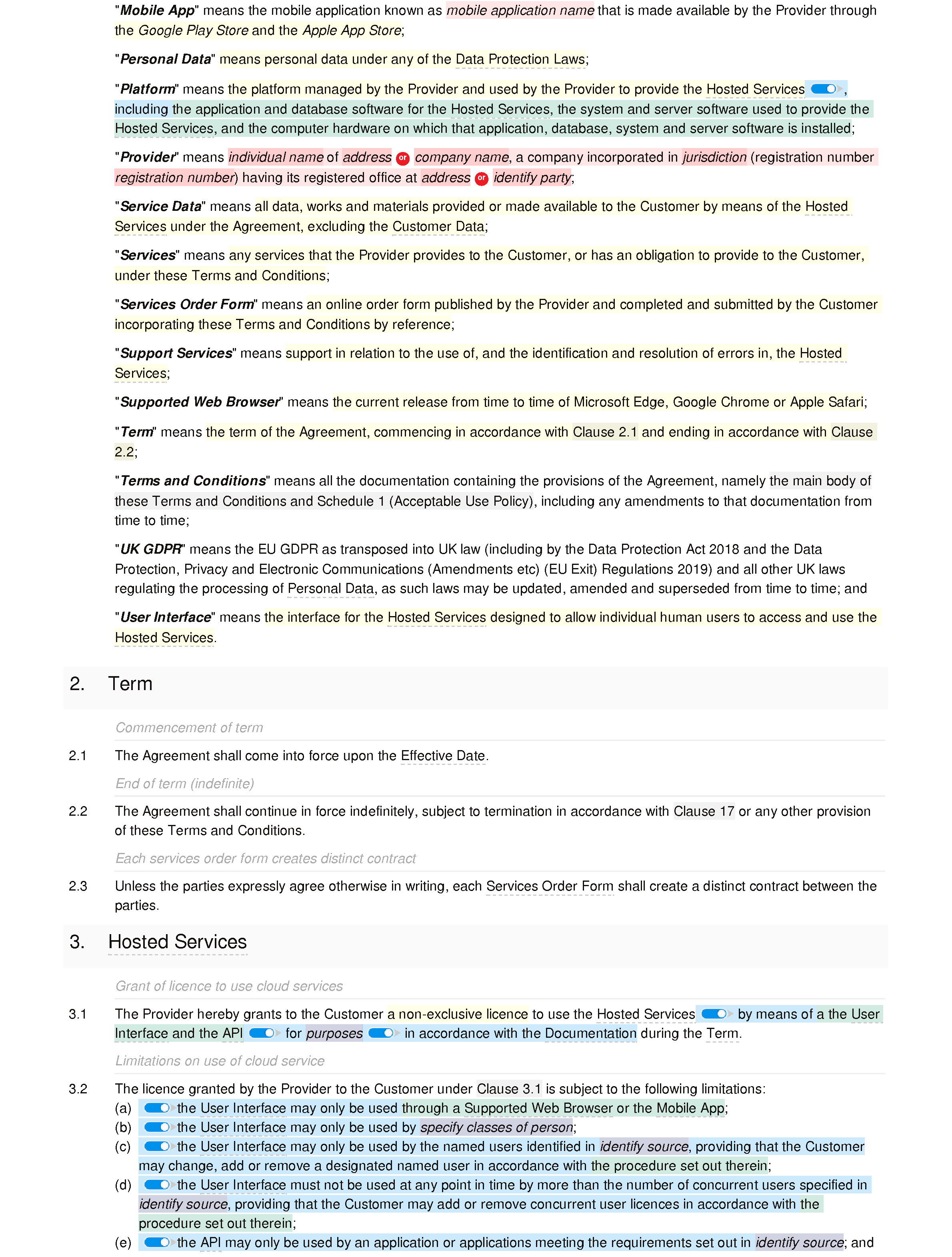 Cloud service terms and conditions (B2B and B2C) document editor preview