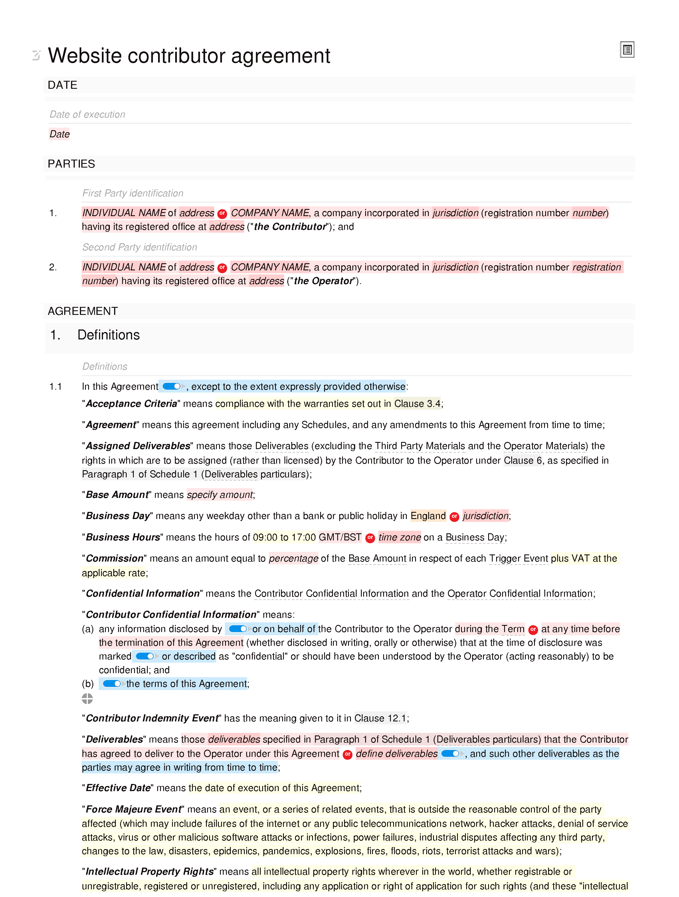Website contributor agreement (commission) document editor preview