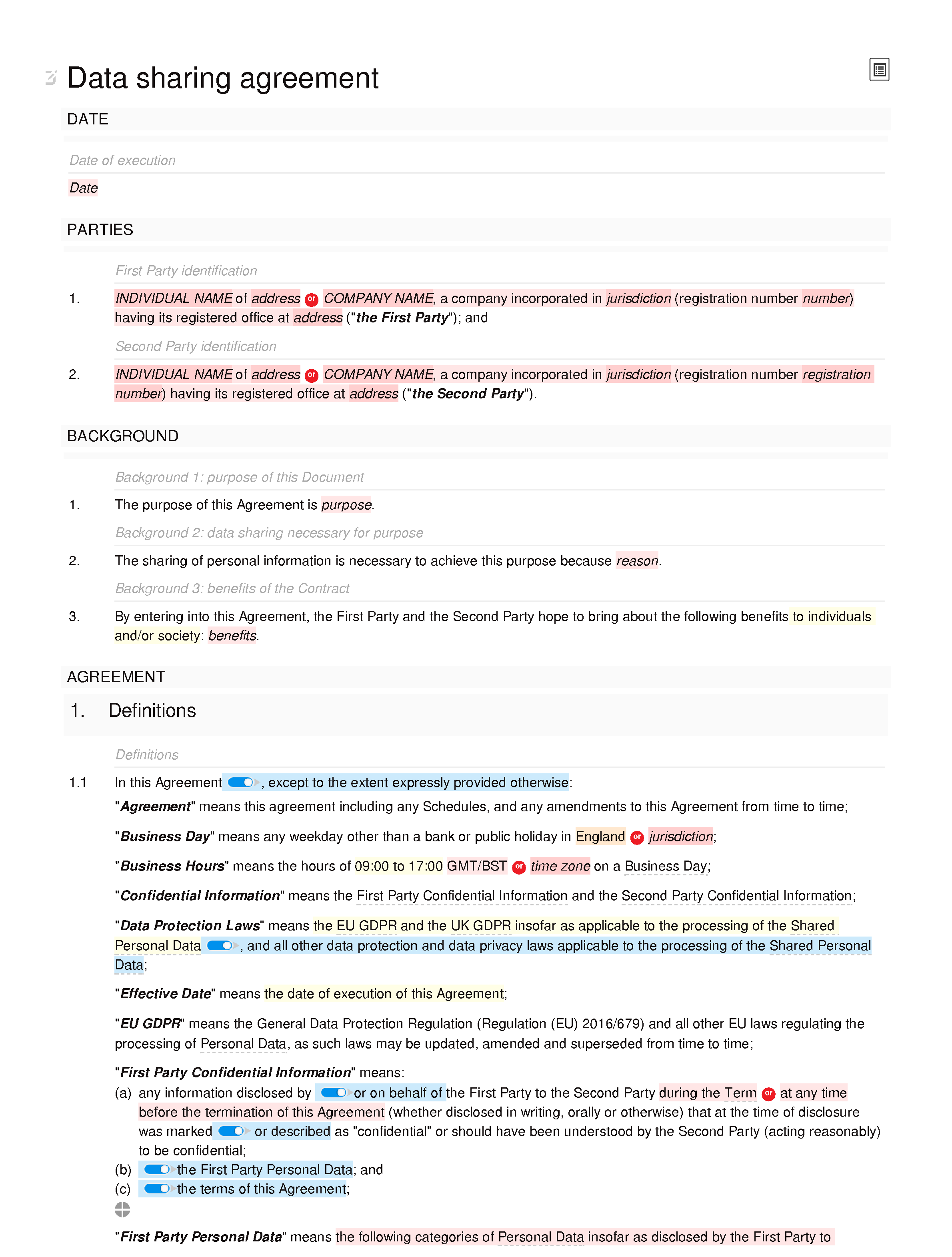 Data sharing agreement (mutual) document editor preview