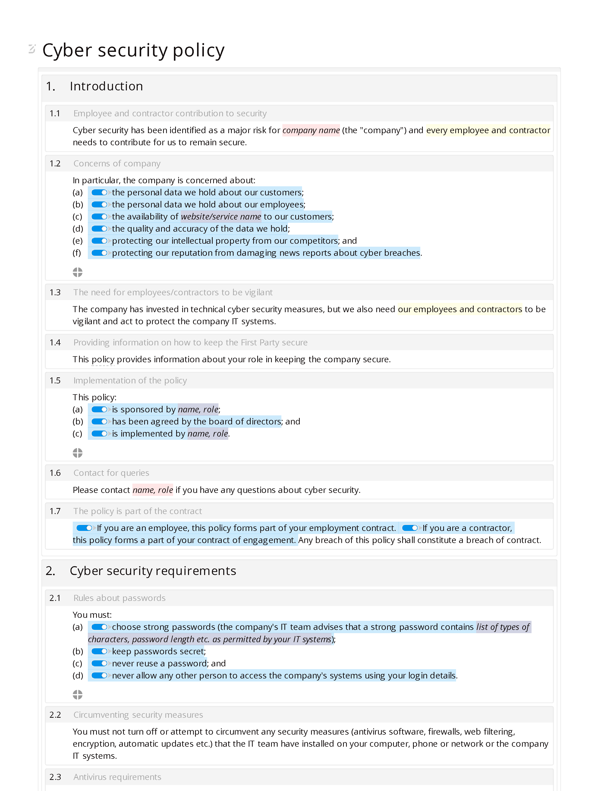 End user cyber security policy (premium) document editor preview