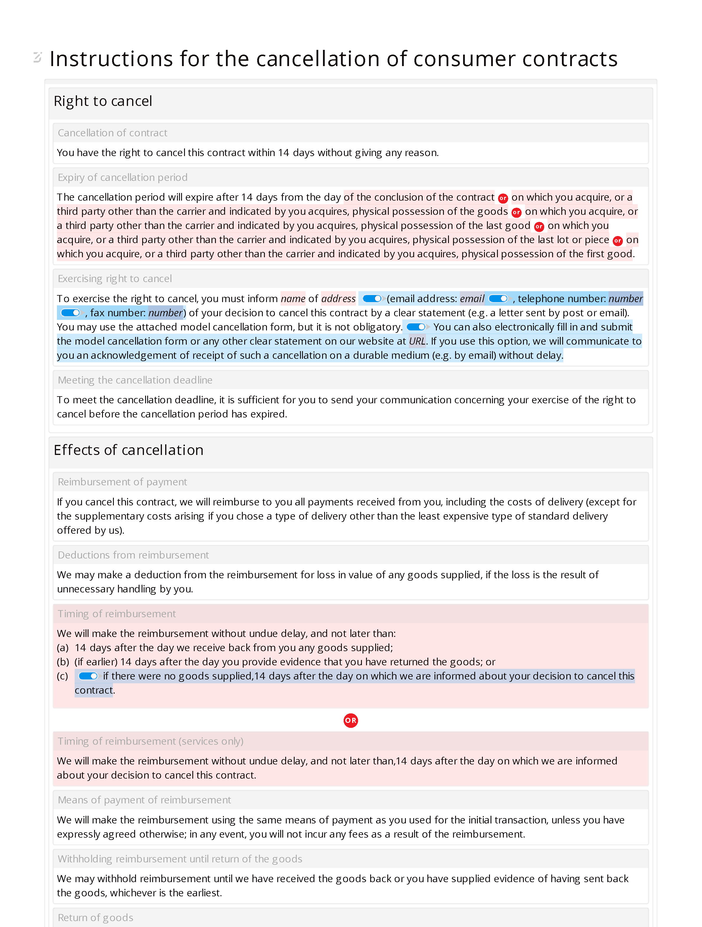 Consumer contracts model instructions for cancellation document editor preview