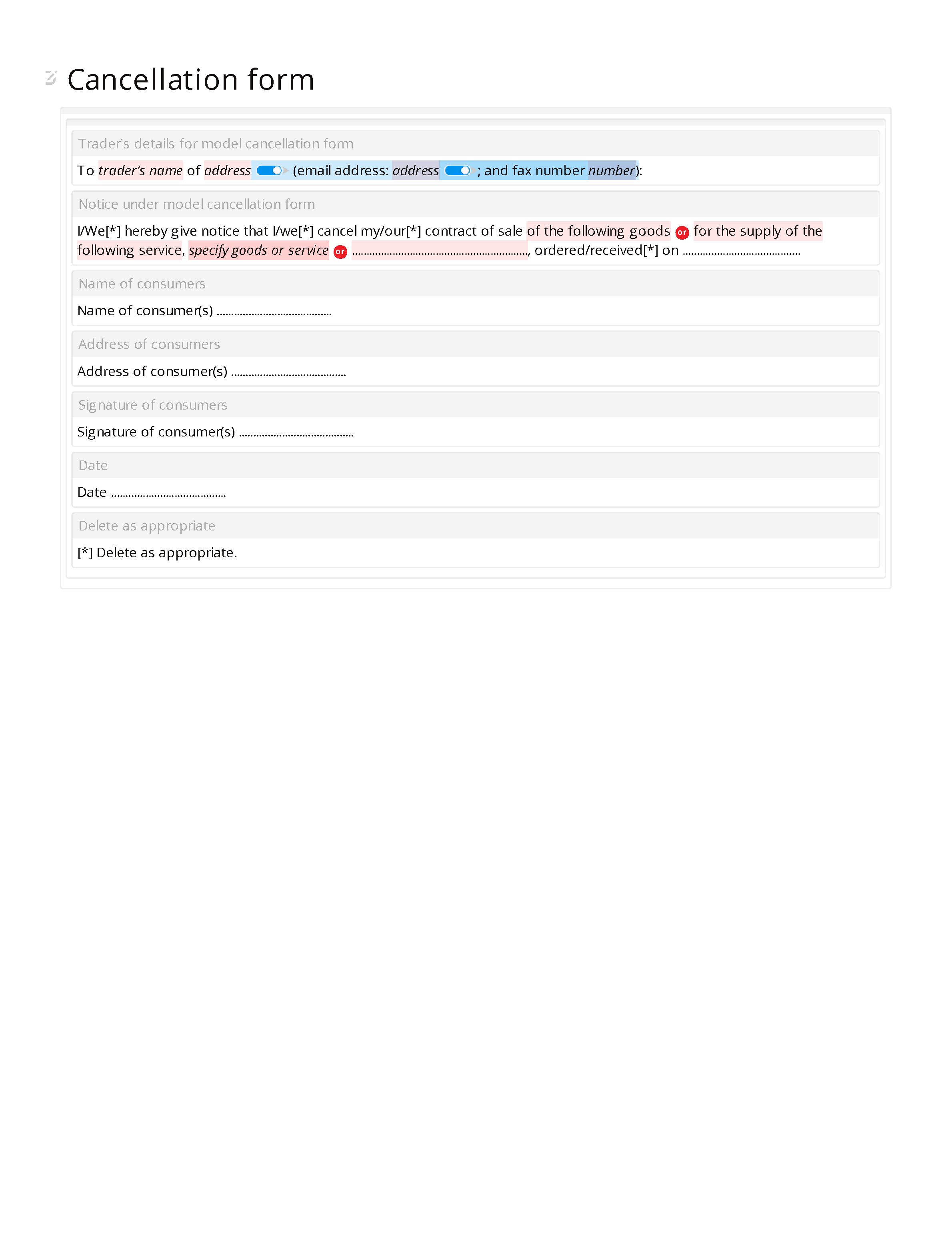 Consumer contracts model cancellation form document editor preview