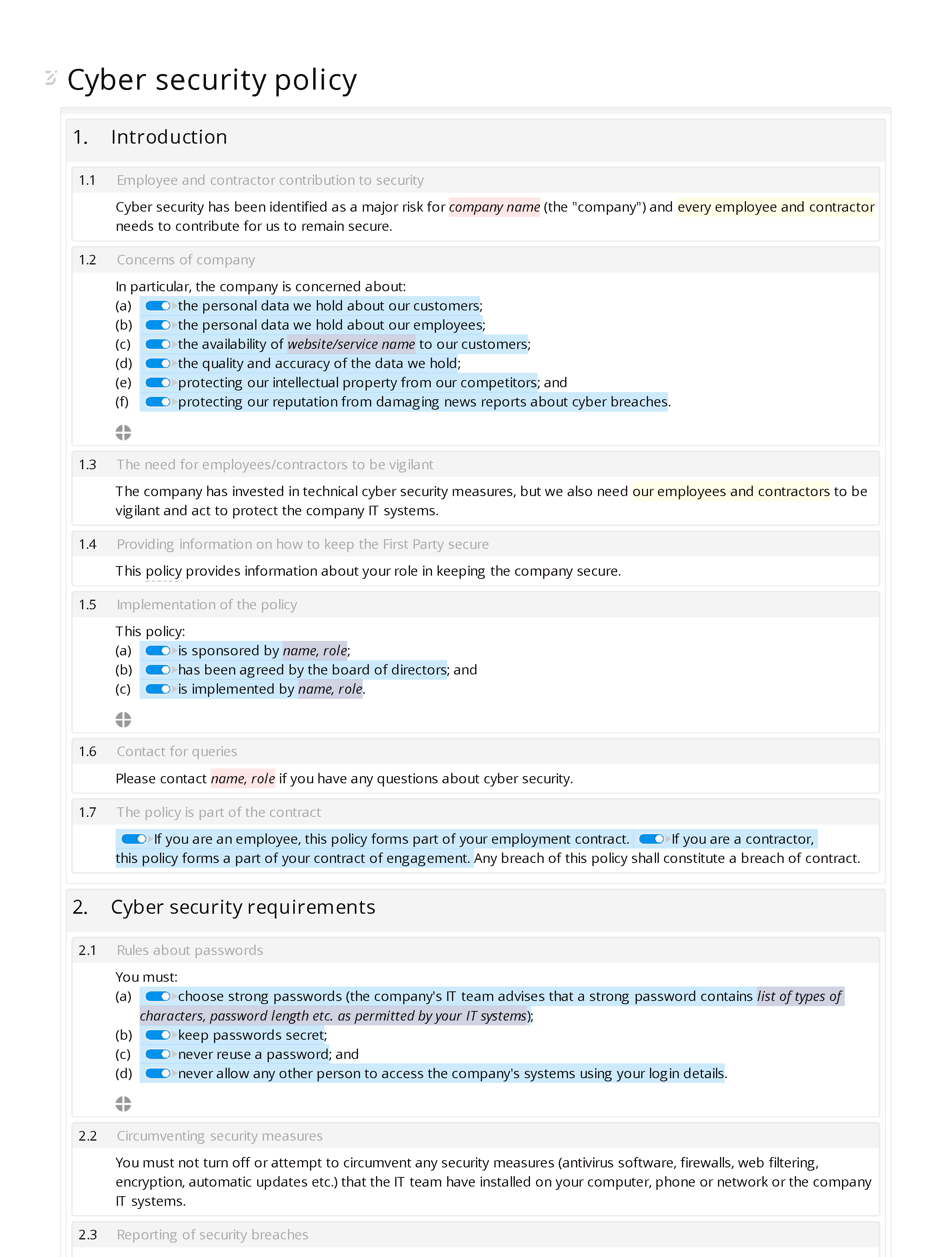 End user cyber security policy (standard) document editor preview