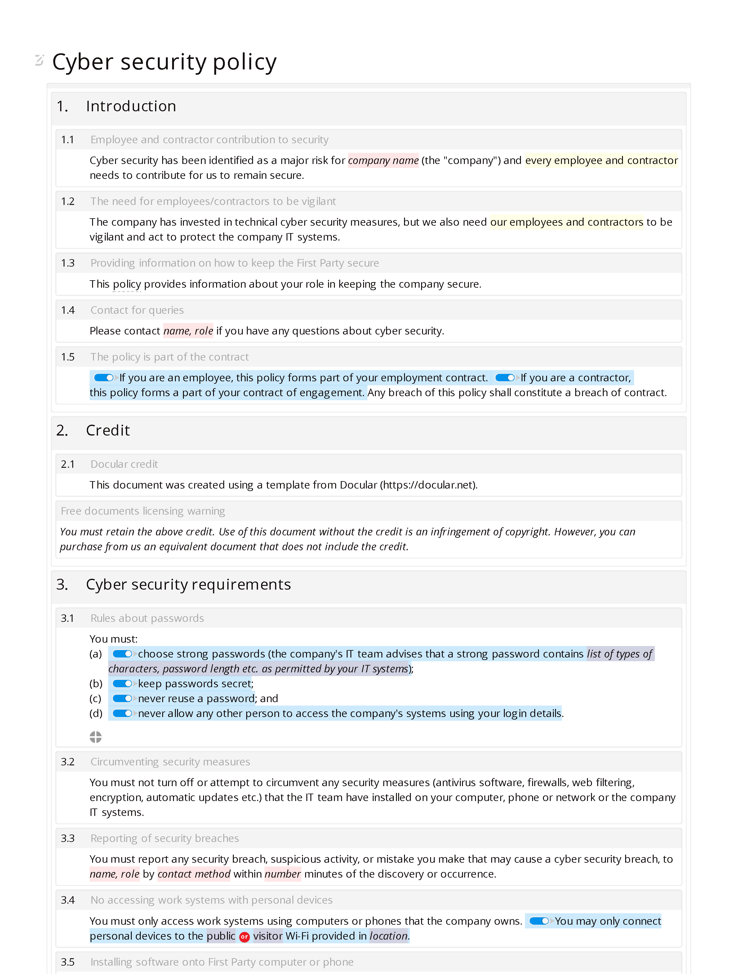 Free cyber security policy document editor preview