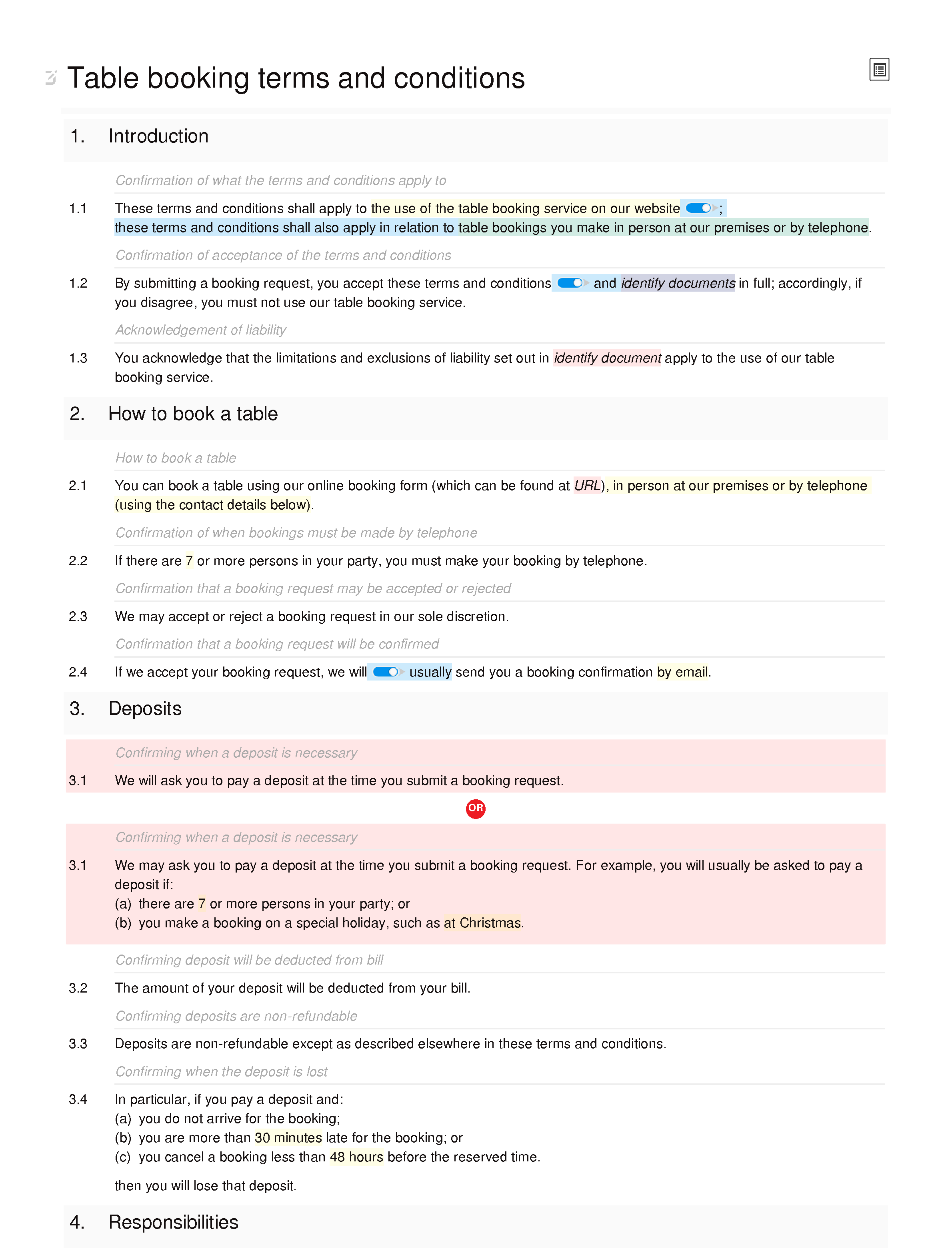 Table booking terms and conditions document editor preview