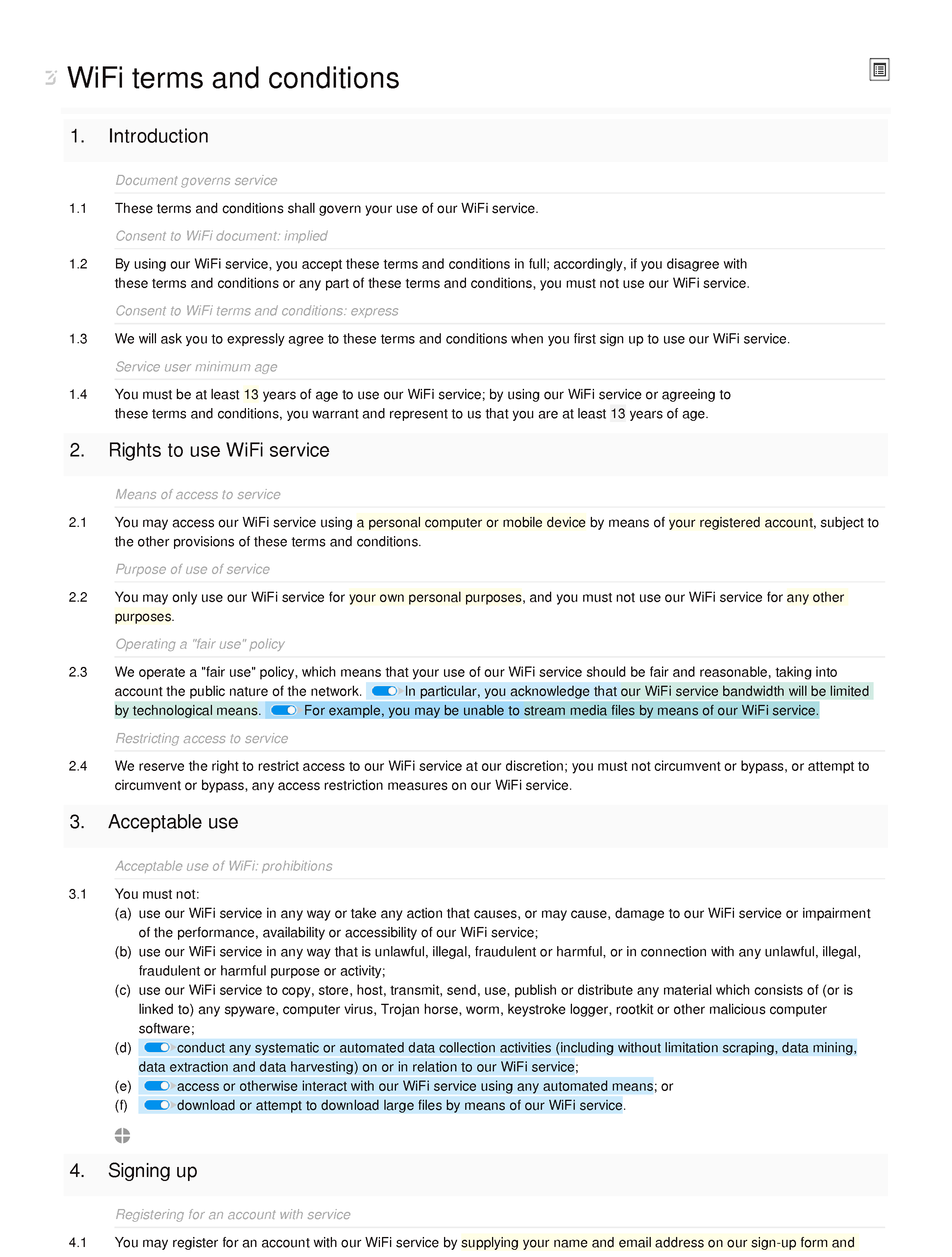 WiFi terms and conditions document editor preview