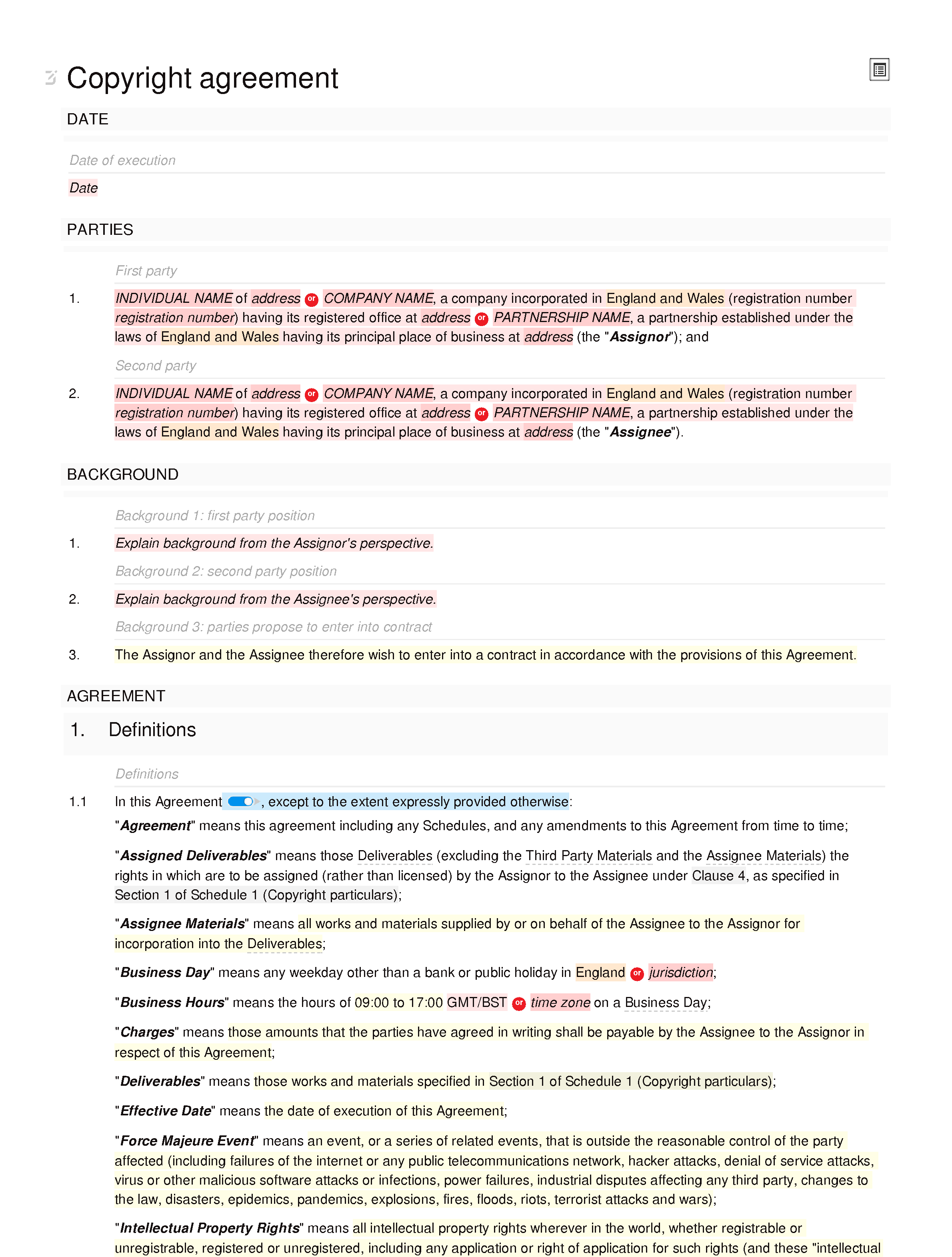 Copyright agreement document editor preview