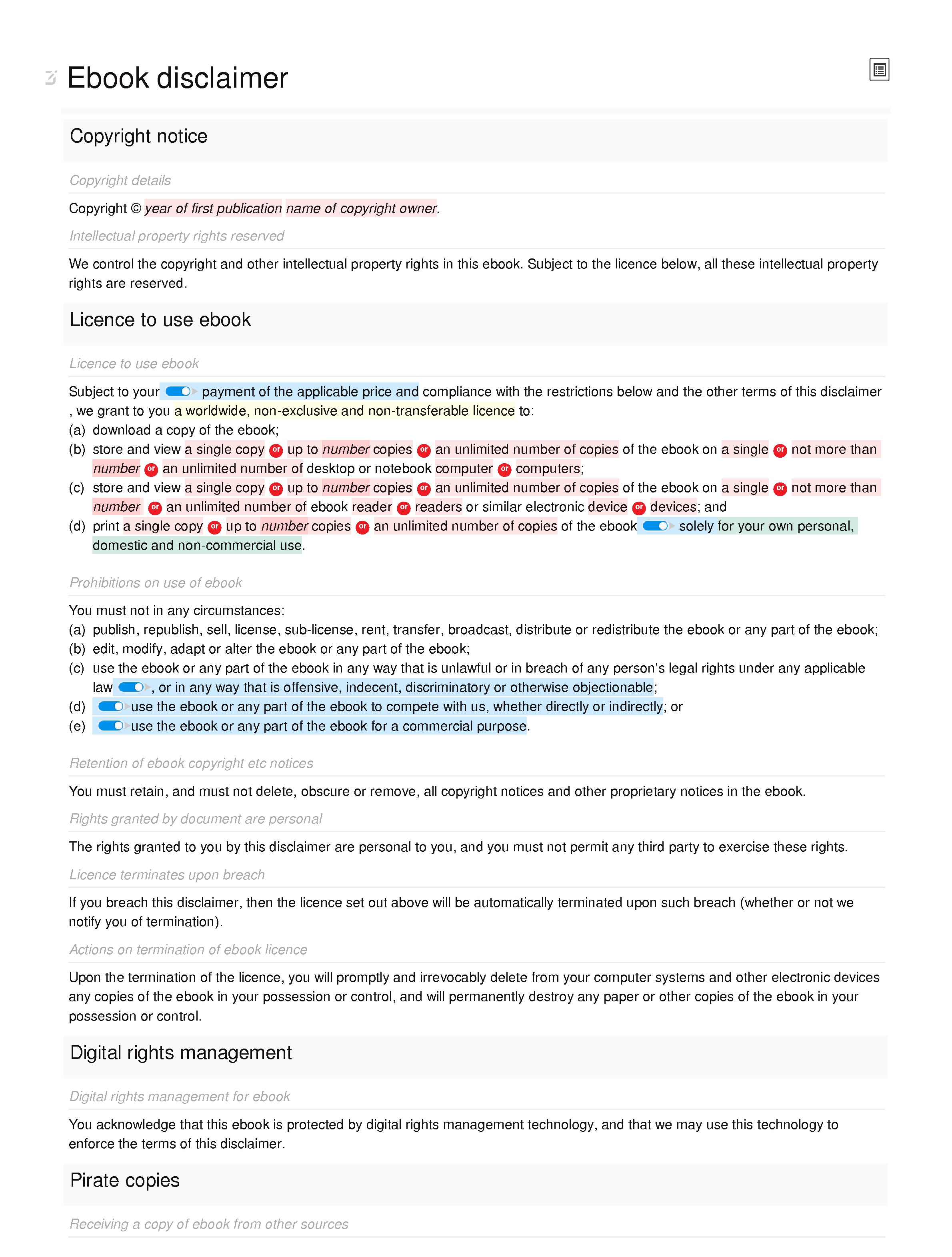 Ebook disclaimer document editor preview