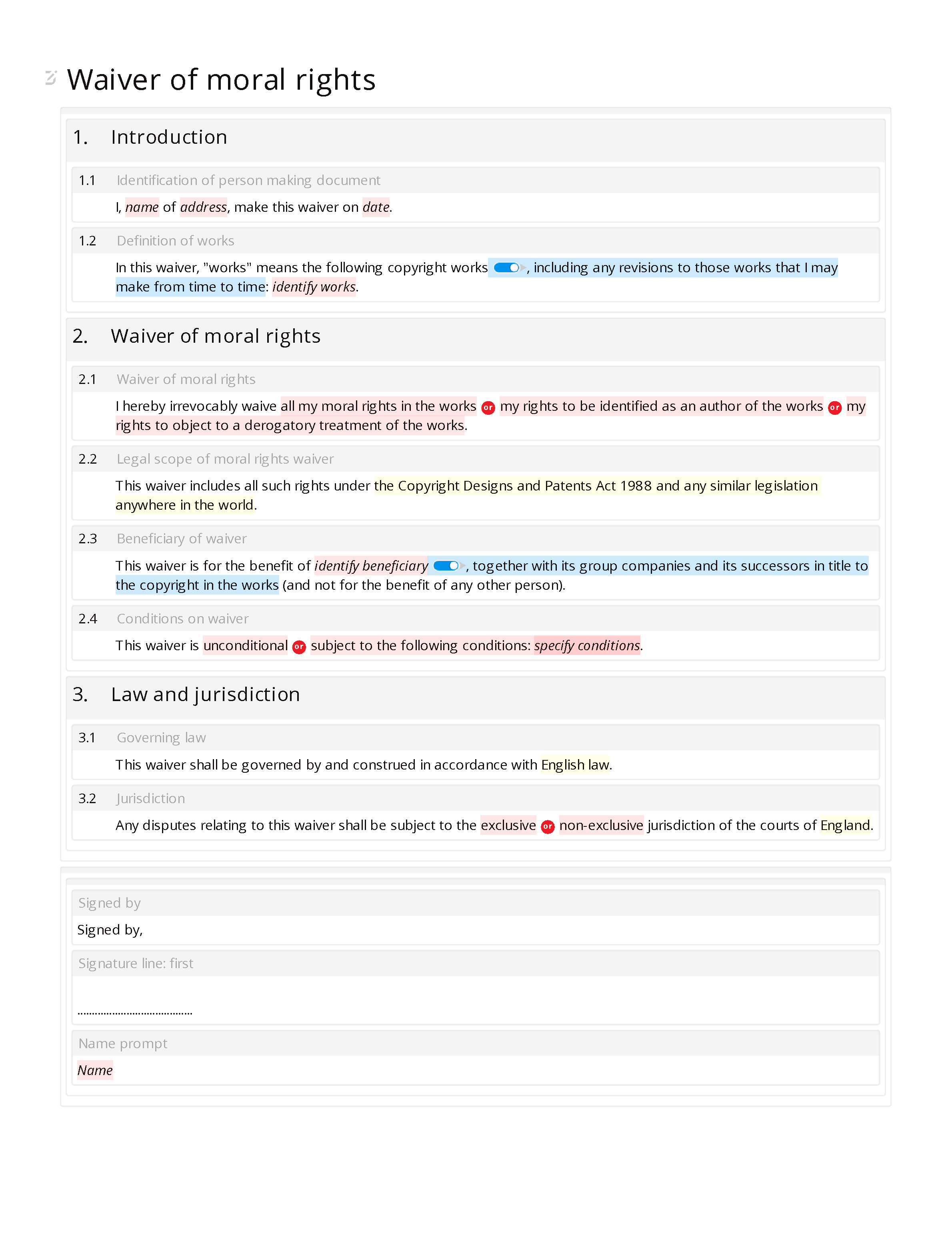 Waiver of moral rights document editor preview