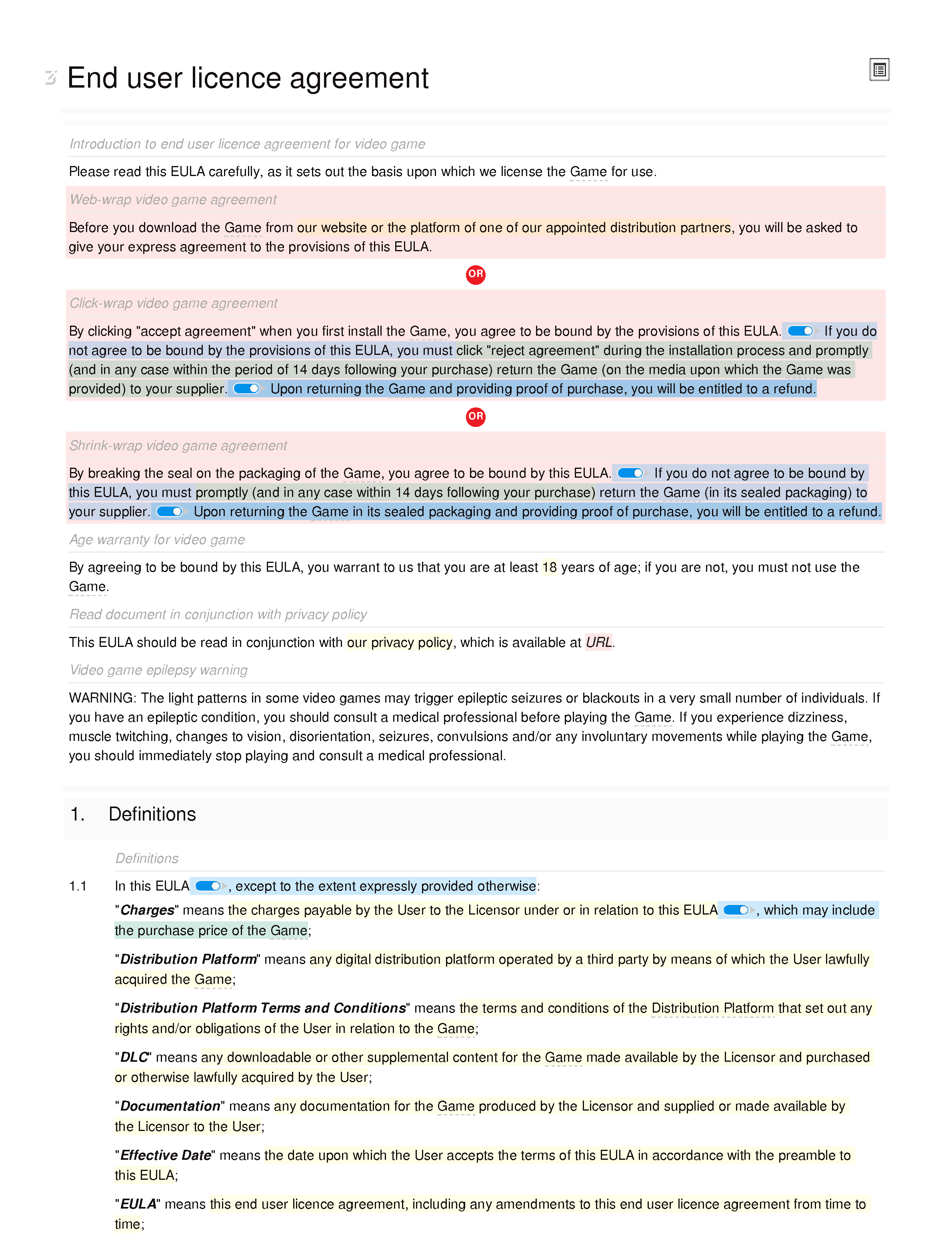Video game EULA (standard) document editor preview
