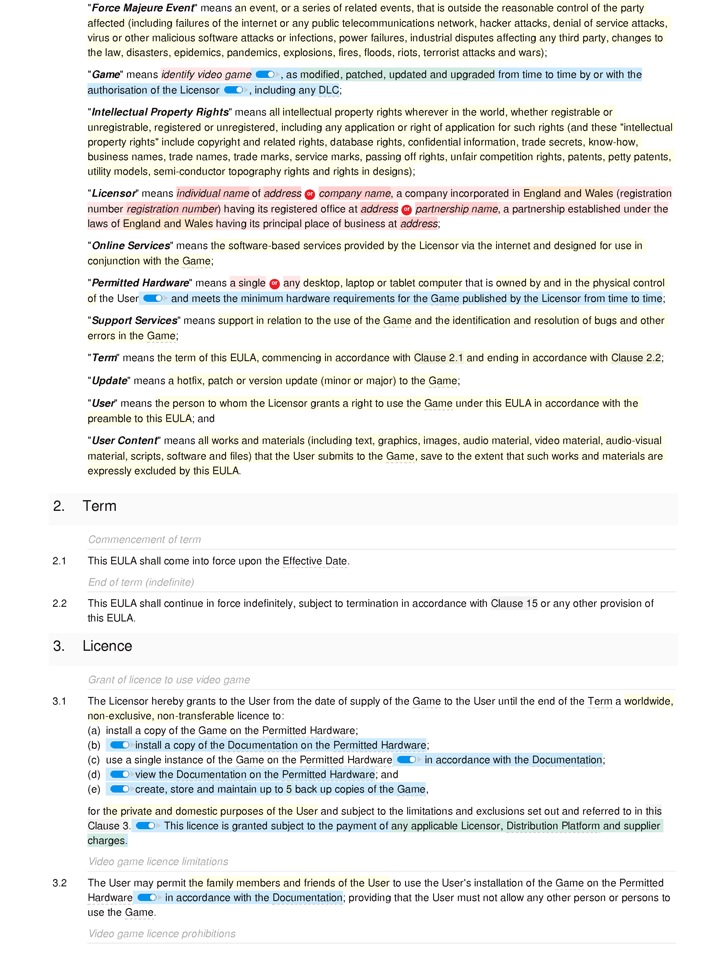 Video game EULA (standard) document editor preview