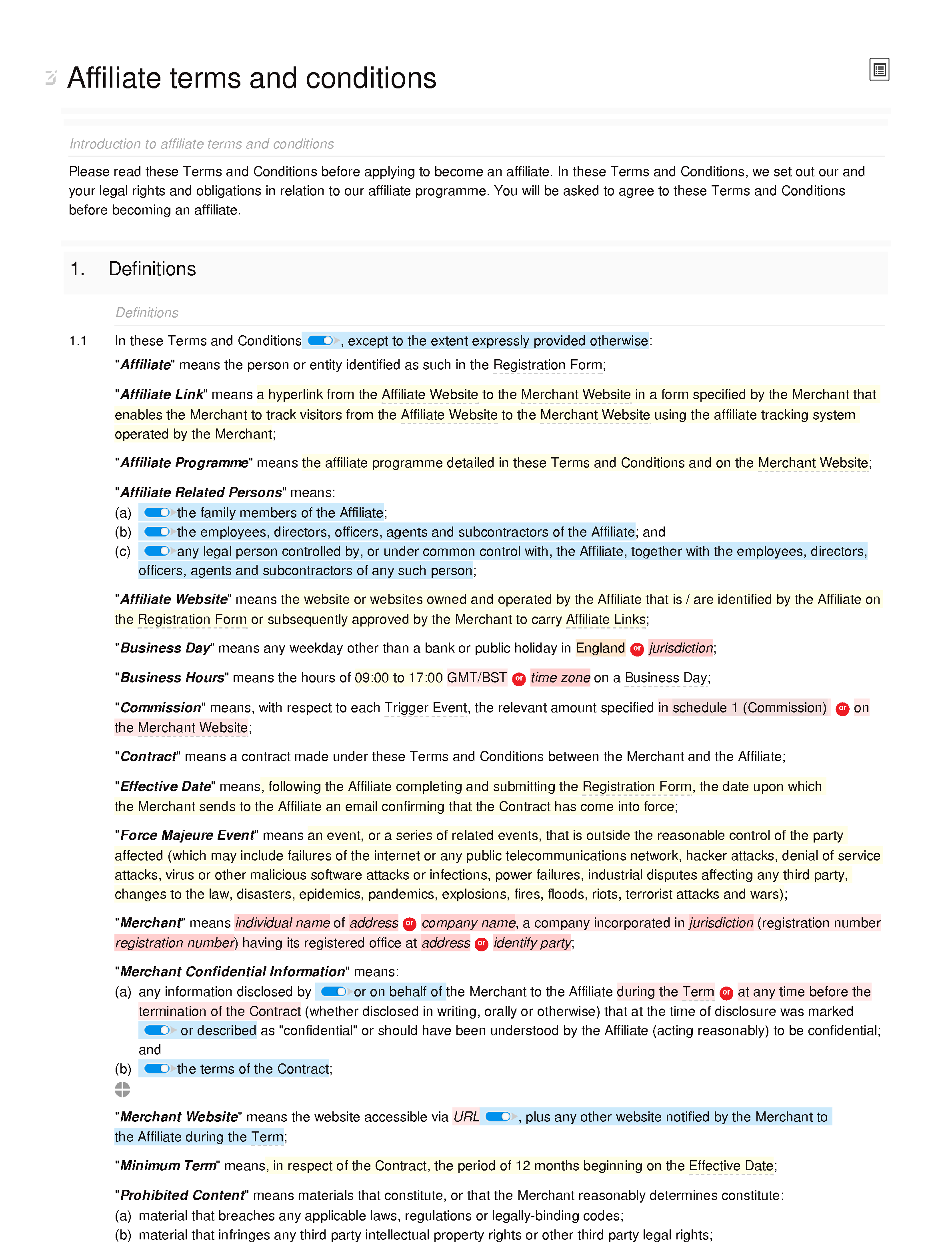 Affiliate terms and conditions (premium) document editor preview