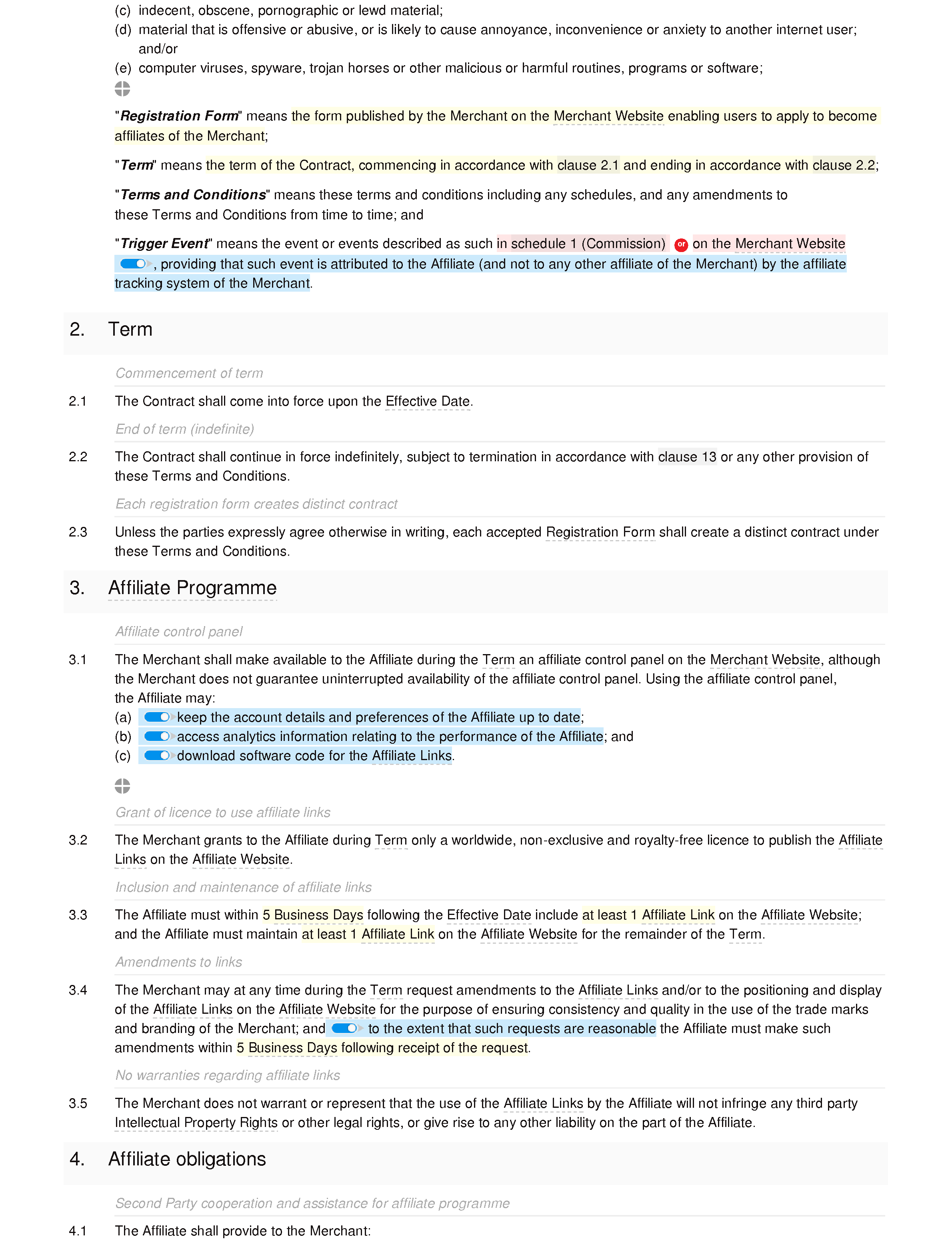 Affiliate terms and conditions (premium) document editor preview