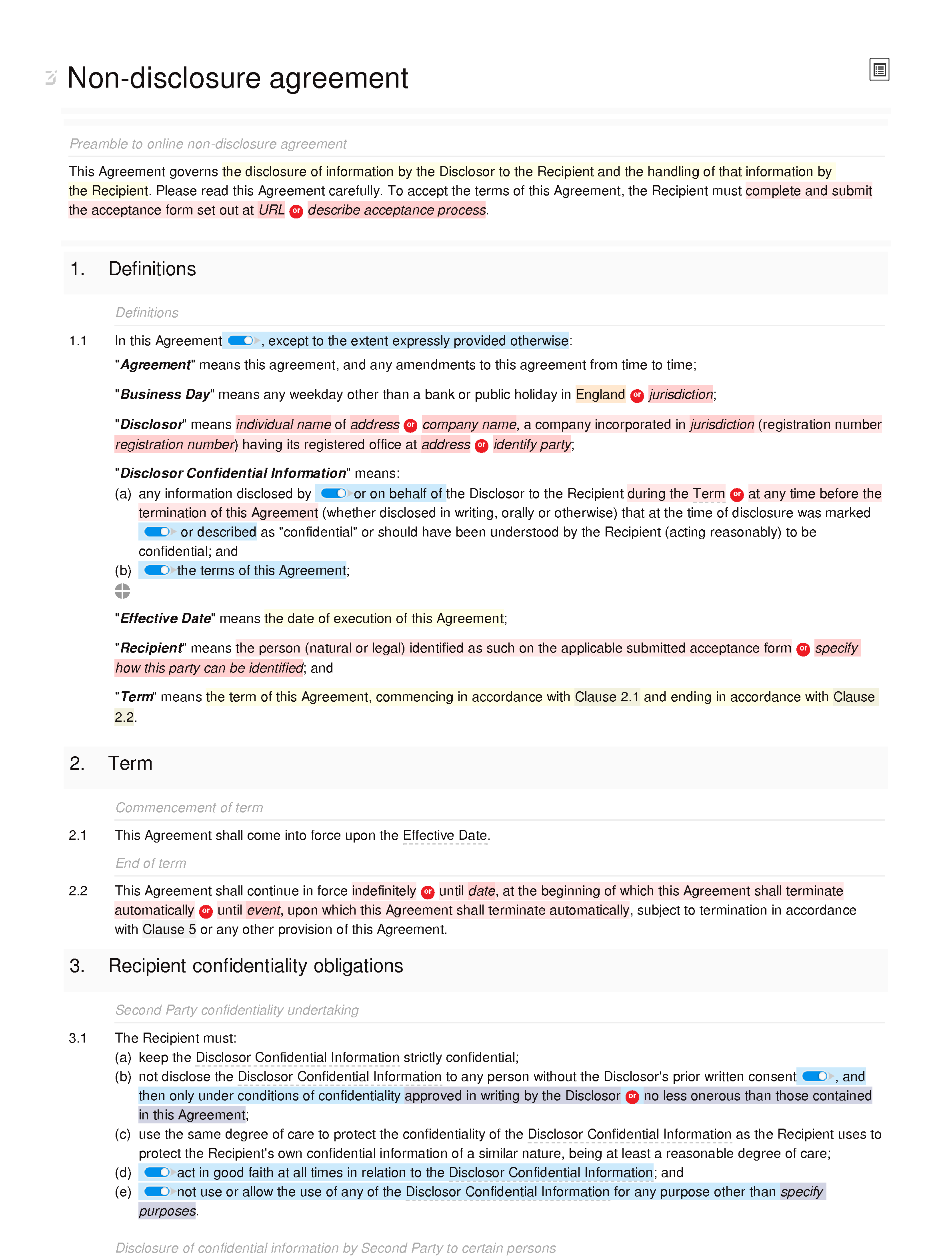 Online non-disclosure agreement (unilateral) document editor preview